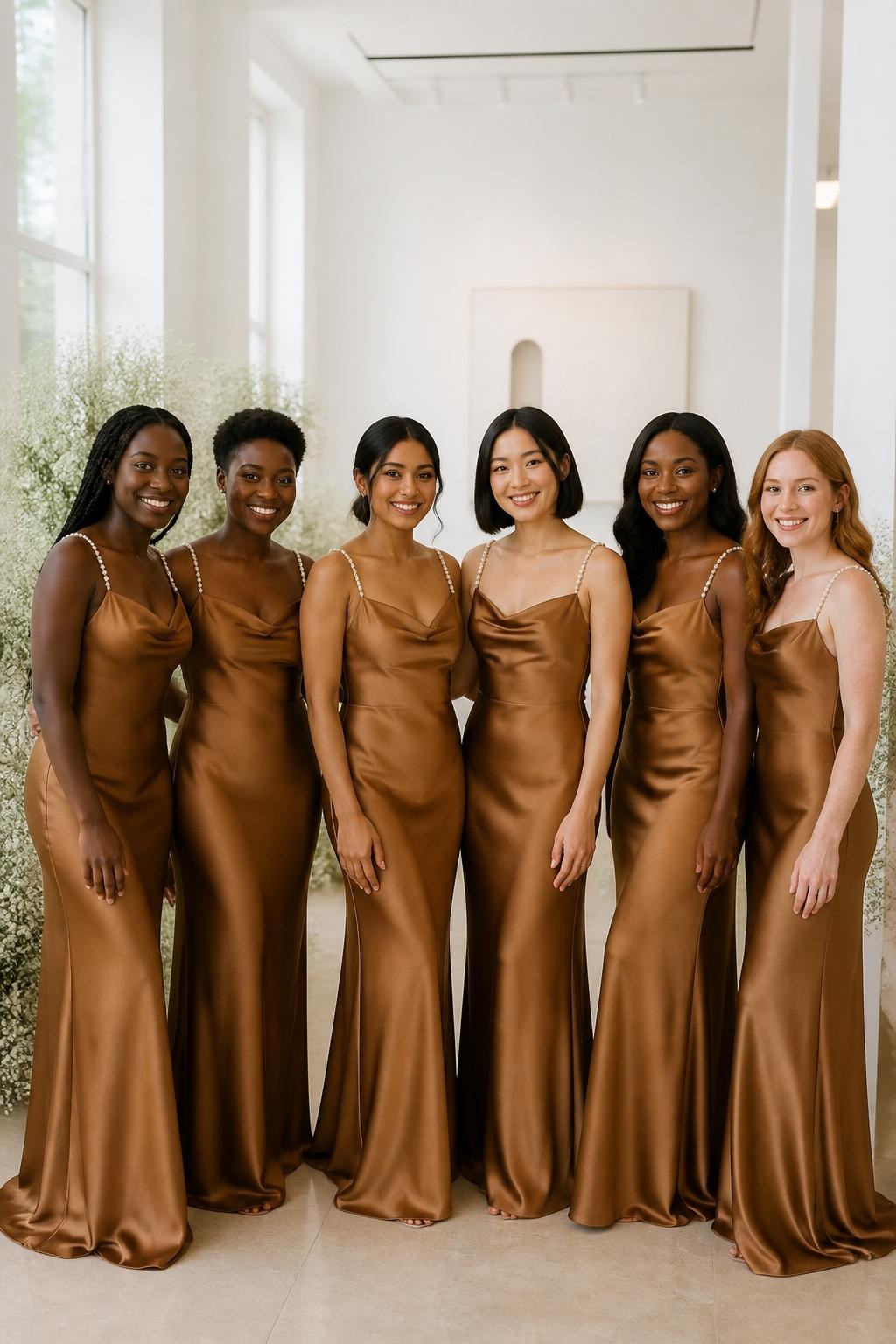 Realistic bright indoor wedding photograph of six bridesmaids wearing caramel brown satin slip dresses with narrow pearl-beaded shoulder straps, necklines varying slightly between straight, scoop, and soft cowl shapes, women with ebony, deep brown, reddish brown, olive, East Asian light beige, and fair freckled complexions, varied heights and body shapes, bright relaxed faces, realistic smiles, natural makeup and skin texture, hairstyles including long braids, short coils, smooth bob, low bun, soft curls, and loose waves, standing inside a sunlit art gallery with white walls, pale limestone floors, large windows, and minimal white floral installations, pearls reflecting tiny points of light, realistic satin draping across each figure, clean high-resolution DSLR photography.