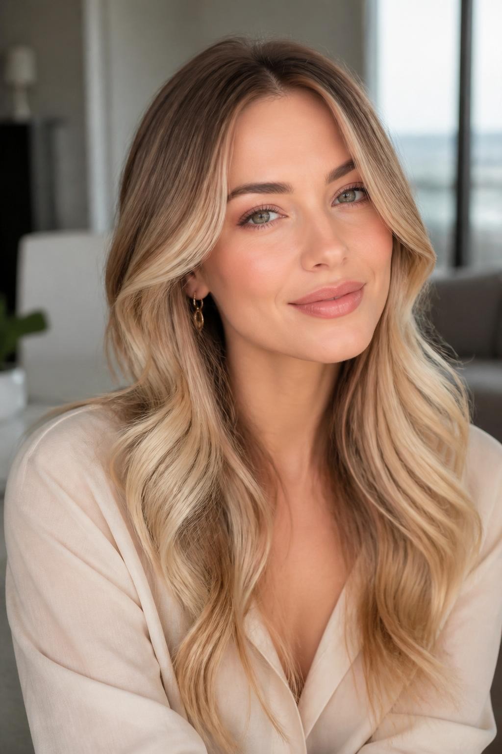Image Prompt: A beautiful woman with fair skin and long champagne blonde balayage, darker blonde roots with soft champagne blonde pieces through the mid-lengths and ends, loose waves, soft pink makeup, glossy nude lips, delicate gold earrings, beige blouse, modern indoor background, soft window light, realistic beauty editorial portrait, smooth blended blonde color placement, no text, (no watermarks on images)