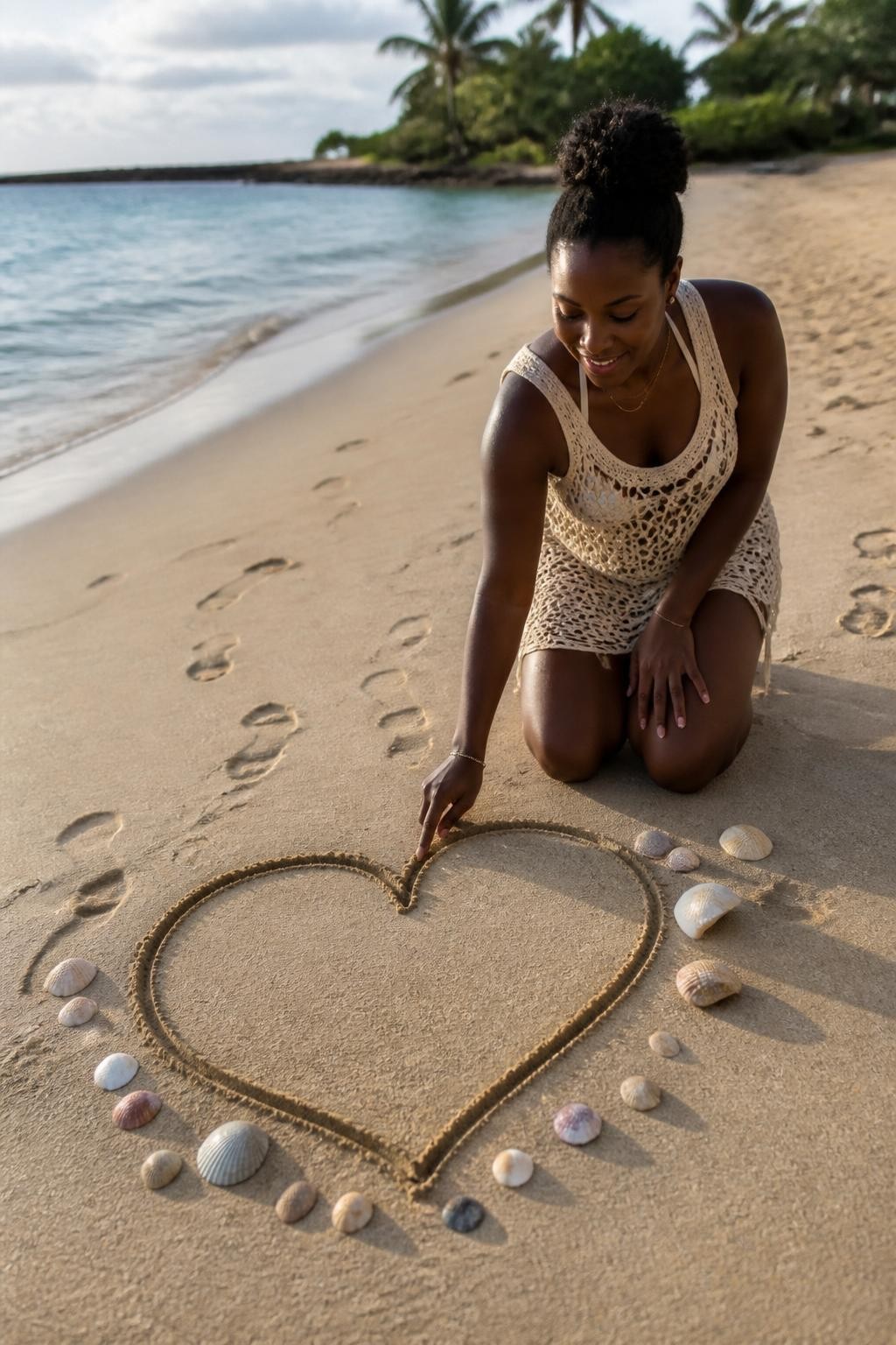 A soft beach photo of an adult Black woman with deep brown skin kneeling beside a large heart shape drawn in smooth wet sand, wearing a cream crochet beach cover-up over a simple swimsuit, one hand finishing the edge of the heart with her finger, the other hand resting on her knee, gentle smile looking down at the sand, small shells placed around the heart, calm water nearby, soft late-afternoon sun, textured sand, footprints leading into the frame, natural shadows, realistic DSLR photo, sweet vacation storytelling, warm and playful.