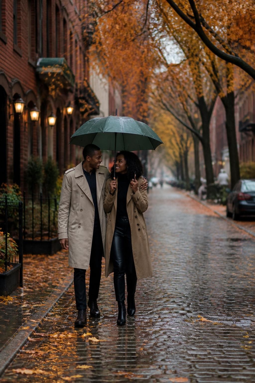 Image Prompt: A stylish Black couple walking beneath one large deep-green umbrella along a wet cobblestone street lined with brick townhouses and orange-leaved trees, the woman holding the umbrella while the man keeps one arm around her shoulders, both dressed in practical trench coats and leather boots, their faces turned toward each other as they smile, light rain visible against the darker background, reflections of streetlights and leaves on the pavement, photographed from a distance with a DSLR 70mm lens, realistic rain droplets, natural wet fabric, muted cloudy color, candid city photography, no heavy fake rainfall, no empty cinematic street.