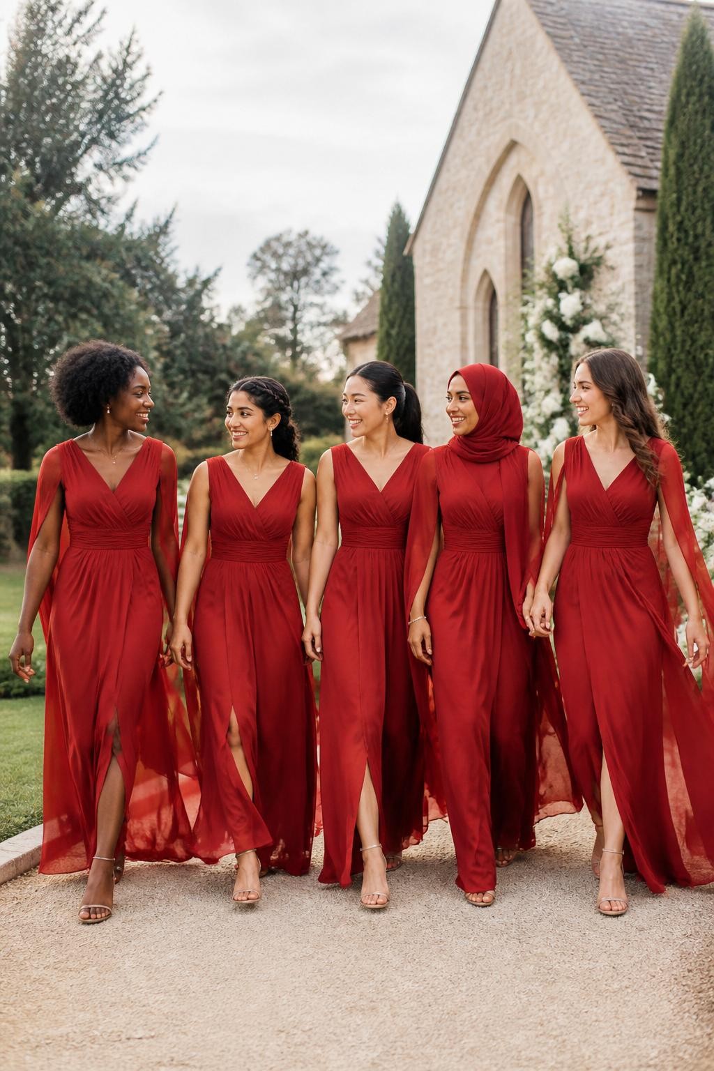 Realistic outdoor wedding photograph of five bridesmaids wearing crimson red chiffon gowns with clean V-neck bodices, softly gathered waists, and long split cape panels flowing from the shoulders, women of West African, South Asian, East Asian, Middle Eastern, and European appearance with deep, golden brown, olive, tan, and fair complexions, bright expressive faces, realistic pores and natural makeup, hairstyles including springy coils, a braided crown, softly wrapped hijab, polished ponytail, and loose waves, walking beside a pale stone countryside chapel surrounded by mature trees, white flowers, and dark green hedges, gentle breeze lifting the chiffon naturally, visible fabric transparency, soft shadows, relaxed posture, and believable proportions, documentary-style DSLR wedding photography.