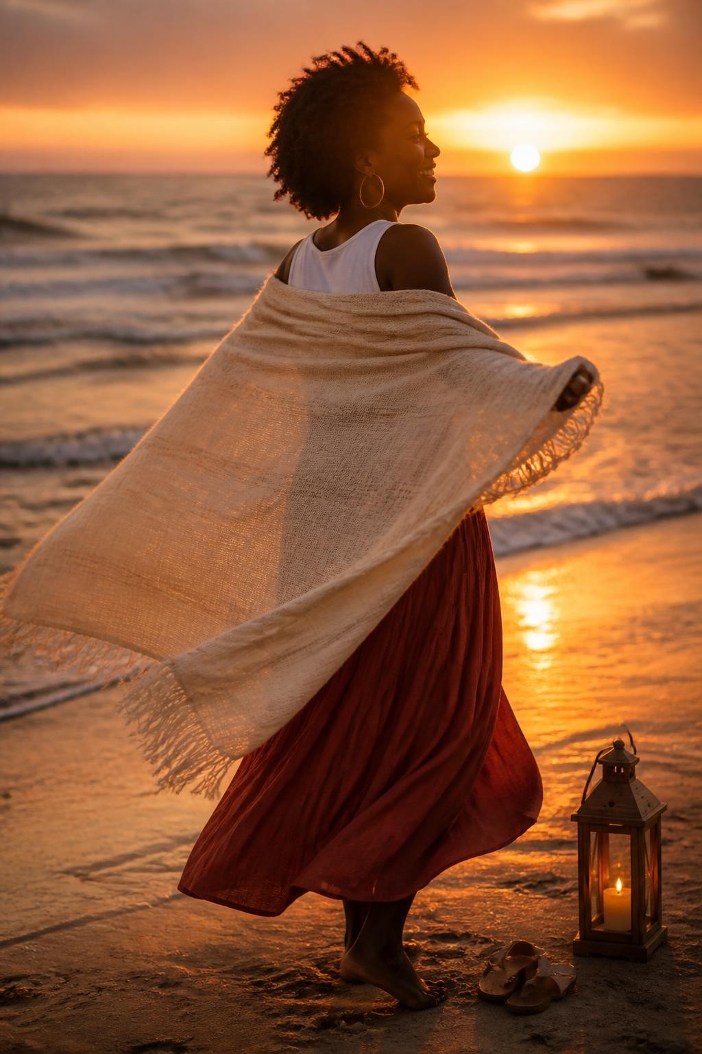 A warm sunset beach photo of an adult Black woman with deep brown skin standing near the water while spinning with a lightweight cream beach blanket around her shoulders, wearing a soft terracotta maxi skirt and simple white top, blanket lifting in the breeze like a loose cape, face turned toward the sunset with a natural smile, waves glowing behind her, wet sand reflecting the orange sky, small beach lantern and sandals placed nearby, realistic fabric movement, soft motion blur, golden-hour DSLR photography, dreamy but natural beach-day ending.