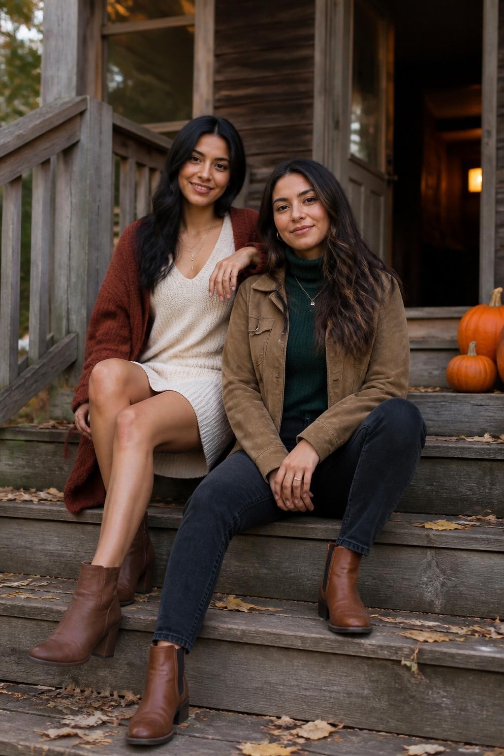 Image Prompt: Two Latina female best friends sitting at different heights on the wooden steps of a modest fall cabin, both wearing brown ankle boots in different styles, one dressed in a cream sweater dress with a rust cardigan and the other in dark jeans, a forest-green turtleneck, and a tan suede jacket, one friend sitting one step higher with an arm resting loosely across the other’s shoulder, two small pumpkins beside the railing, scattered leaves around the porch boards, soft evening daylight with a faint warm glow from the doorway, photographed at porch level with a DSLR 50mm lens, realistic wood grain, natural outfit wrinkles, relaxed expressions, no matching costumes, no heavily decorated porch.