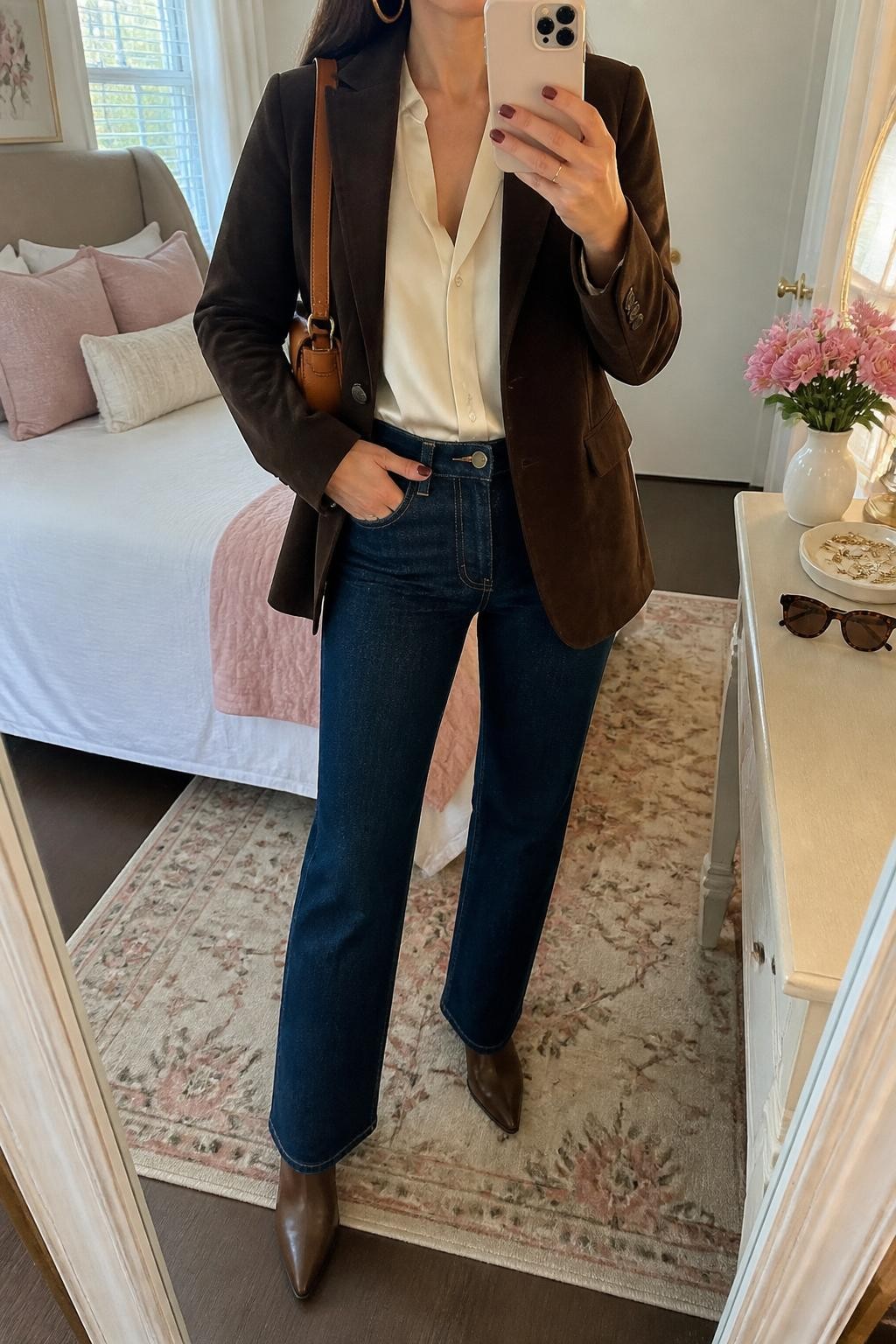 mirror selfie of a woman wearing the exact outfit described above, clearly showing brown pointed ankle boots, dark blue straight-leg jeans, a cream satin blouse, a chocolate suede blazer, a tan leather shoulder bag, and gold hoop earrings, holding a phone in front of a mirror, cropped at NECK so the face does not show, with a relaxed casual selfie pose, in a feminine-themed bedroom, natural window light, with sunglasses placed on a dresser and a jewelry tray on the vanity, latest iPhone photo quality.