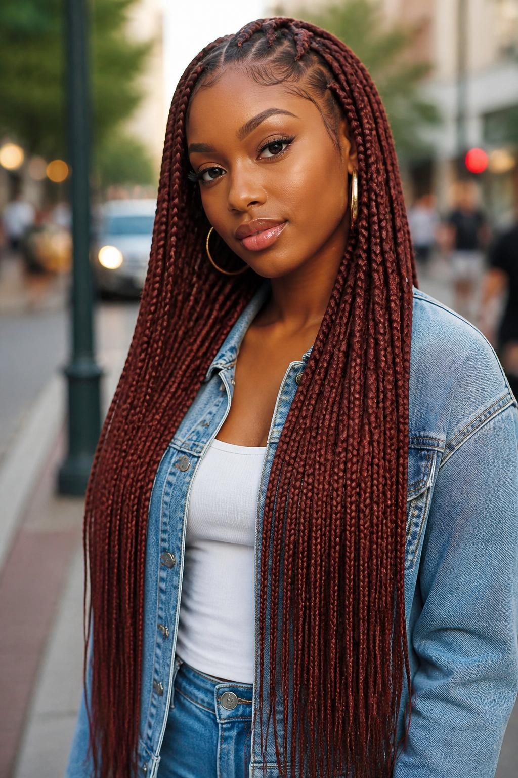 Image Prompt: A fashionable woman wearing long soft auburn box braids, waist-length braids in warm auburn brown tones, neat square parts, smooth finished tips, softly styled baby hairs, medium-deep brown skin, glossy lips, gold hoop earrings, denim jacket over a white top, outdoor city background softly blurred, natural daylight, realistic lifestyle beauty portrait, detailed braid texture and warm auburn color, no text, (no watermarks on images)