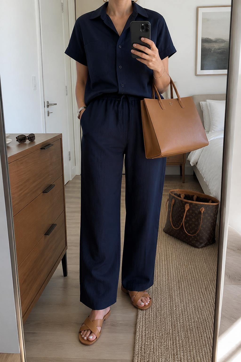mirror selfie of a woman wearing the exact outfit described above, clearly showing a navy cotton poplin matching set with a short-sleeve button-up shirt and relaxed wide-leg pants, brown leather flat sandals, a tan structured tote bag, and small gold hoop earrings, holding a phone in front of a mirror, cropped at NECK so the face does not show, with a relaxed casual selfie pose, in a clean apartment mirror, natural morning light, with a travel tote on the floor and sunglasses on the dresser, latest iPhone photo quality.