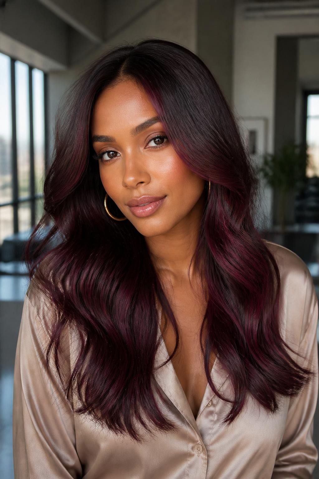 Image Prompt: A beautiful woman with long dark brown hair and berry plum balayage, dark natural roots with hand-painted berry plum pieces through the mid-lengths and ends, soft loose waves, medium-deep skin tone, natural glam makeup, glossy lips, gold earrings, beige blouse, modern indoor background, soft window light, realistic beauty editorial portrait, smooth blended color placement, no text, (no watermarks on images)