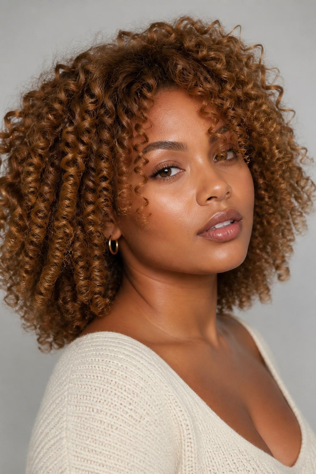 Image Prompt: A beautiful woman with shoulder-length caramel teddy bear curls, warm caramel-brown hair color with soft golden undertones, defined spiral curls with healthy volume, medium-deep brown skin, natural glowing makeup, glossy nude lips, small gold hoops, cream knit top, clean neutral studio background, soft diffused lighting, close-up beauty editorial portrait, realistic DSLR photo, crisp curl texture and warm caramel brown shine, no text, (no watermarks on images)