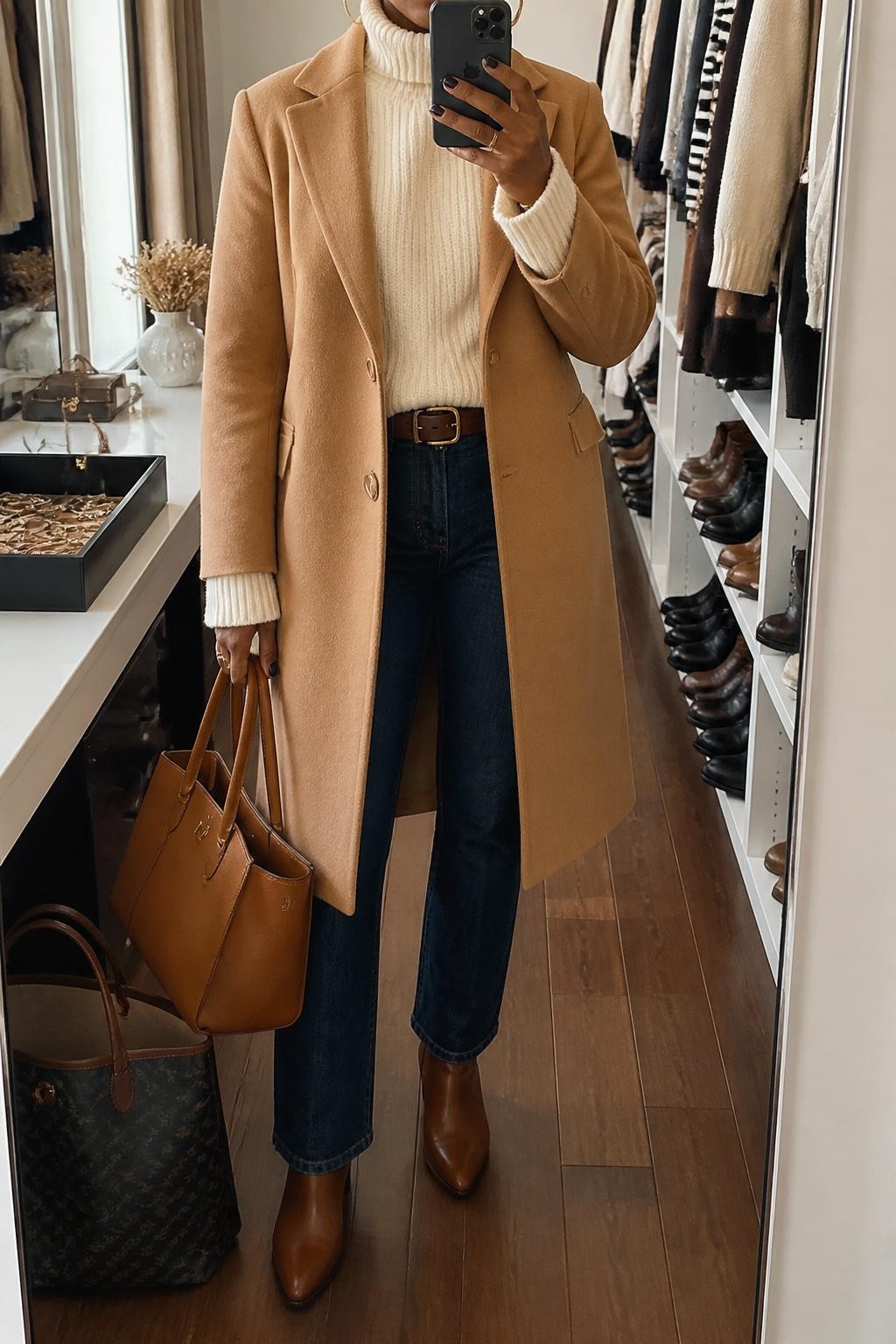 Mirror selfie of a Black woman wearing a camel wool coat, cream chunky turtleneck sweater, dark blue straight-leg jeans, brown leather ankle boots, gold hoop earrings, and a tan structured tote bag, holding a phone in front of a mirror, cropped at NECK so the face does not show, relaxed casual selfie pose, in a walk-in closet mirror, natural window light, with a tote bag resting on the floor and a jewelry tray on the vanity, latest iPhone photo quality.