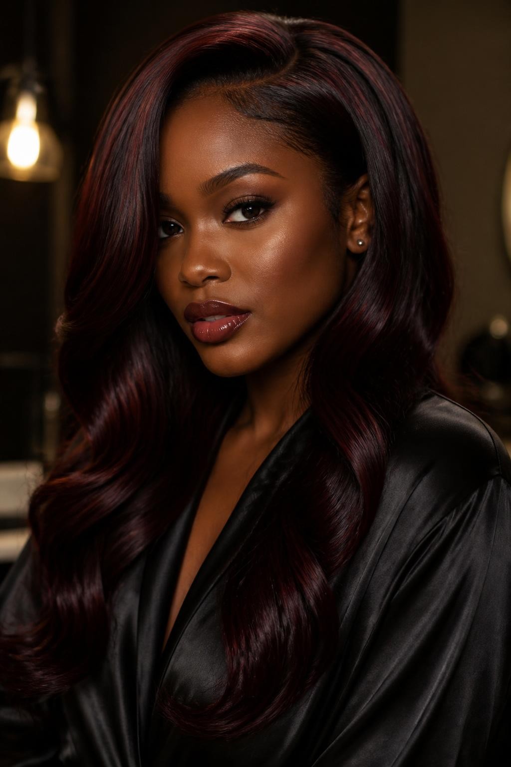 Image Prompt: A stylish woman with long dark cherry brown hair, deep brown base with subtle cherry-red undertones, glossy soft waves, side part, rich brown skin, smooth glam makeup, muted berry lip gloss, black satin blouse, moody indoor beauty setting, warm studio lighting, realistic DSLR editorial portrait, detailed dark red-brown shine, no text, (no watermarks on images)
