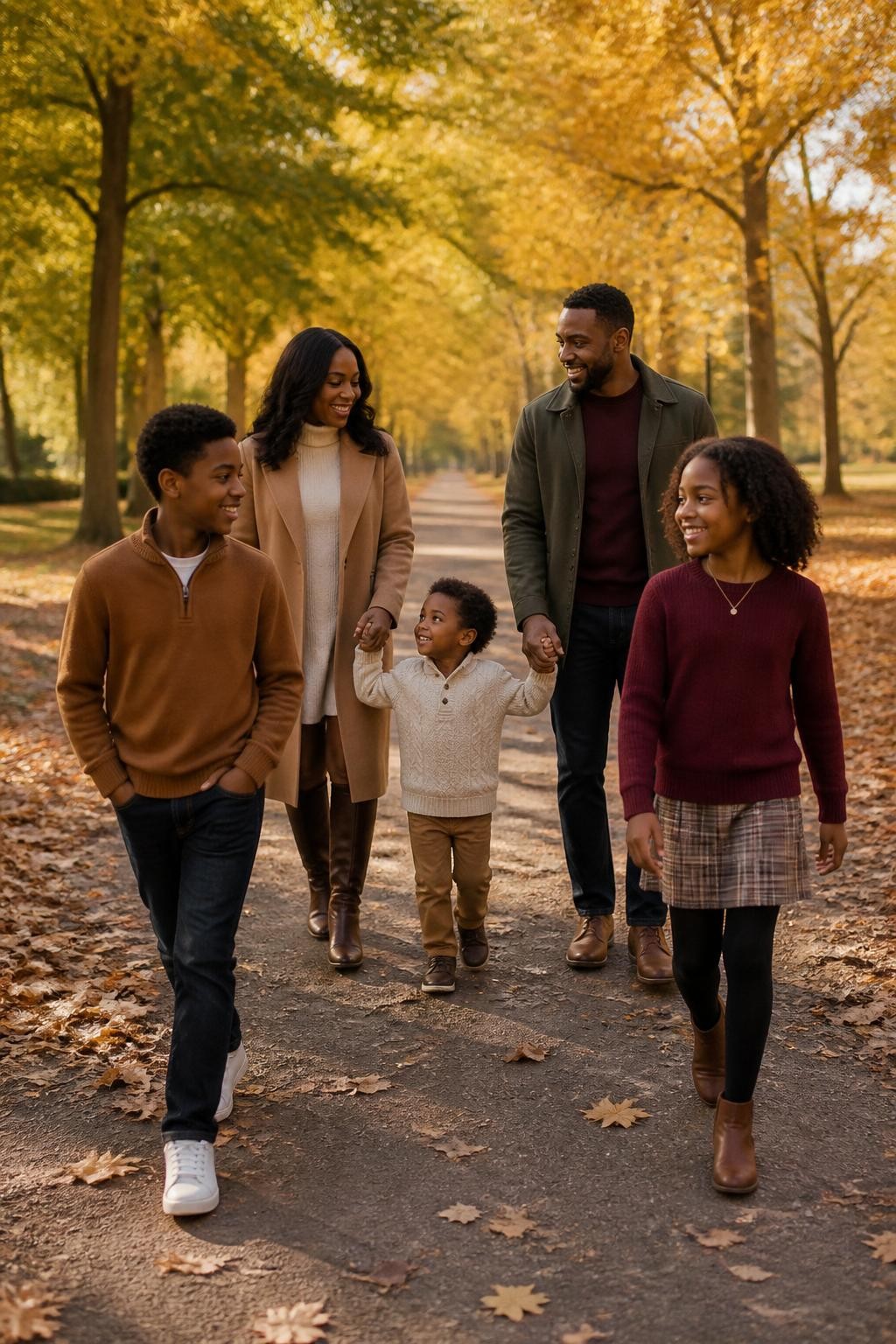 Image Prompt: A stylish Black family of five walking toward the camera along a wide park path surrounded by tall golden maple trees, two parents with three children aged four, eight, and eleven, the youngest child walking between the parents and holding both of their hands, the older children walking slightly ahead while turning back and laughing, coordinated clothing in camel, cream, burgundy, olive, and dark denim without perfectly matching outfits, realistic knit sweaters, wool coats, ankle boots, and casual sneakers, scattered dry leaves across the uneven path, soft late-afternoon sunlight filtering naturally through the branches, photographed at child-eye level with a full-frame DSLR and 50mm lens, detailed natural skin texture, genuine expressions, realistic clothing creases, gentle background blur, candid editorial family photography, no artificial leaf tunnel, no identical poses.