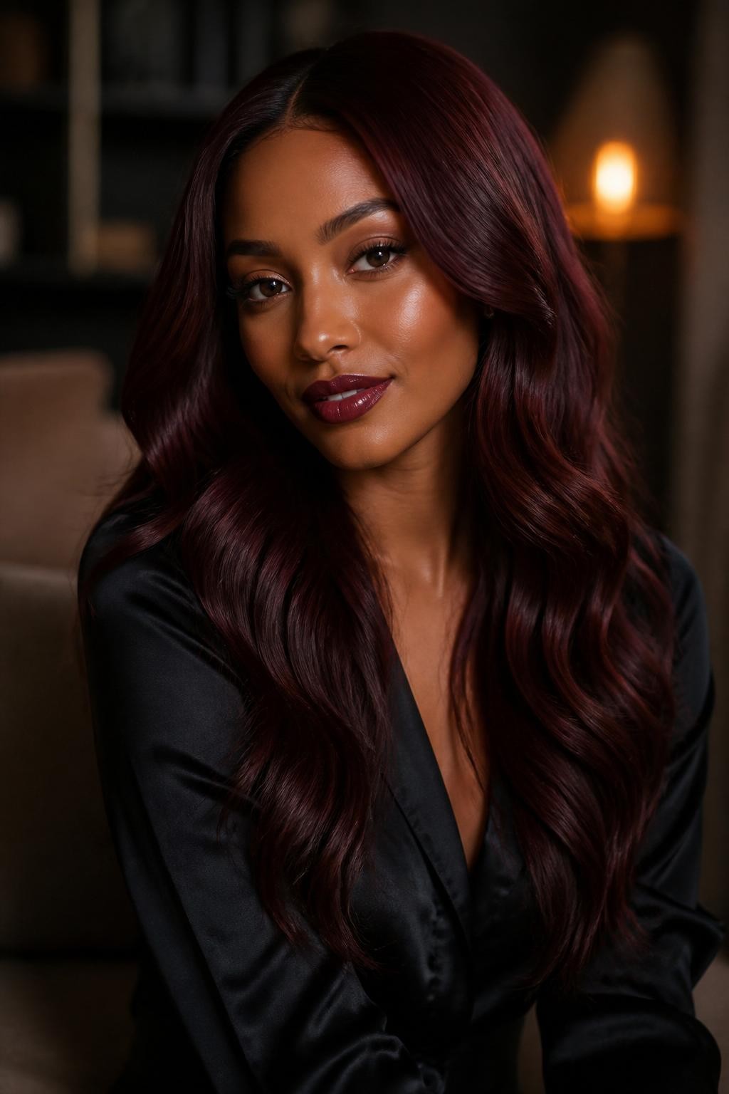 Image Prompt: A beautiful brunette woman with long cherry brown hair, deep brown base with subtle cherry-red undertones, glossy soft waves, medium-deep skin tone, berry-toned lip gloss, warm eye makeup, black satin blouse, moody indoor studio background, warm soft lighting, realistic DSLR beauty portrait, detailed red-brown color shine, no text, (no watermarks on images)