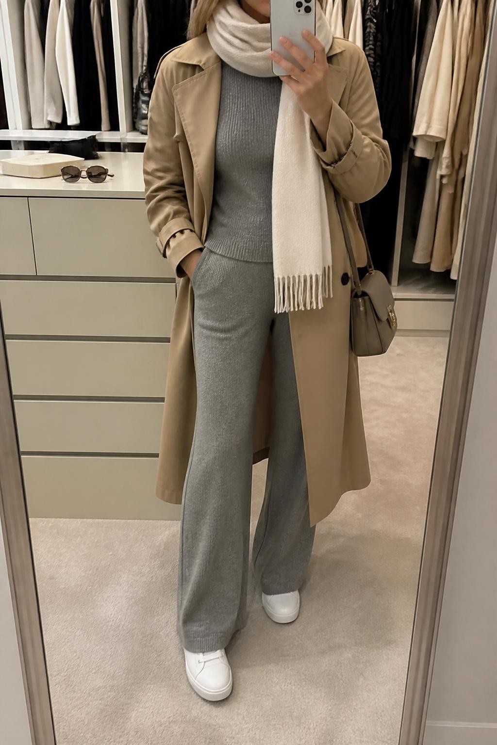 Mirror selfie of a woman wearing a tan trench coat, gray knit matching set with a fitted sweater and wide-leg knit pants, white low-profile sneakers, cream scarf, and a taupe shoulder bag, holding a phone in front of a mirror, cropped at NECK so the face does not show, relaxed casual selfie pose, in a walk-in closet mirror, soft indoor lighting, with sunglasses placed on a dresser and an open closet with clothes visible, latest iPhone photo quality.