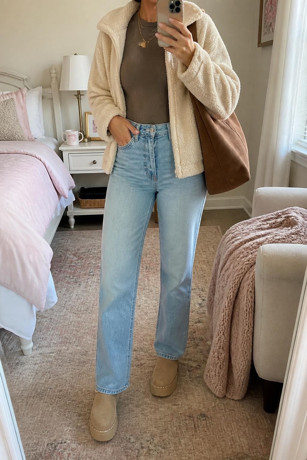 Mirror selfie of a woman wearing a cream sherpa jacket, mocha fitted knit top, light wash straight-leg jeans, tan platform clogs, gold layered necklace, and a brown suede tote bag, holding a phone in front of a mirror, cropped at NECK so the face does not show, relaxed casual selfie pose, in a feminine-themed bedroom, natural window light, with a coffee mug on a bedside table and folded blanket on a chair, latest iPhone photo quality.