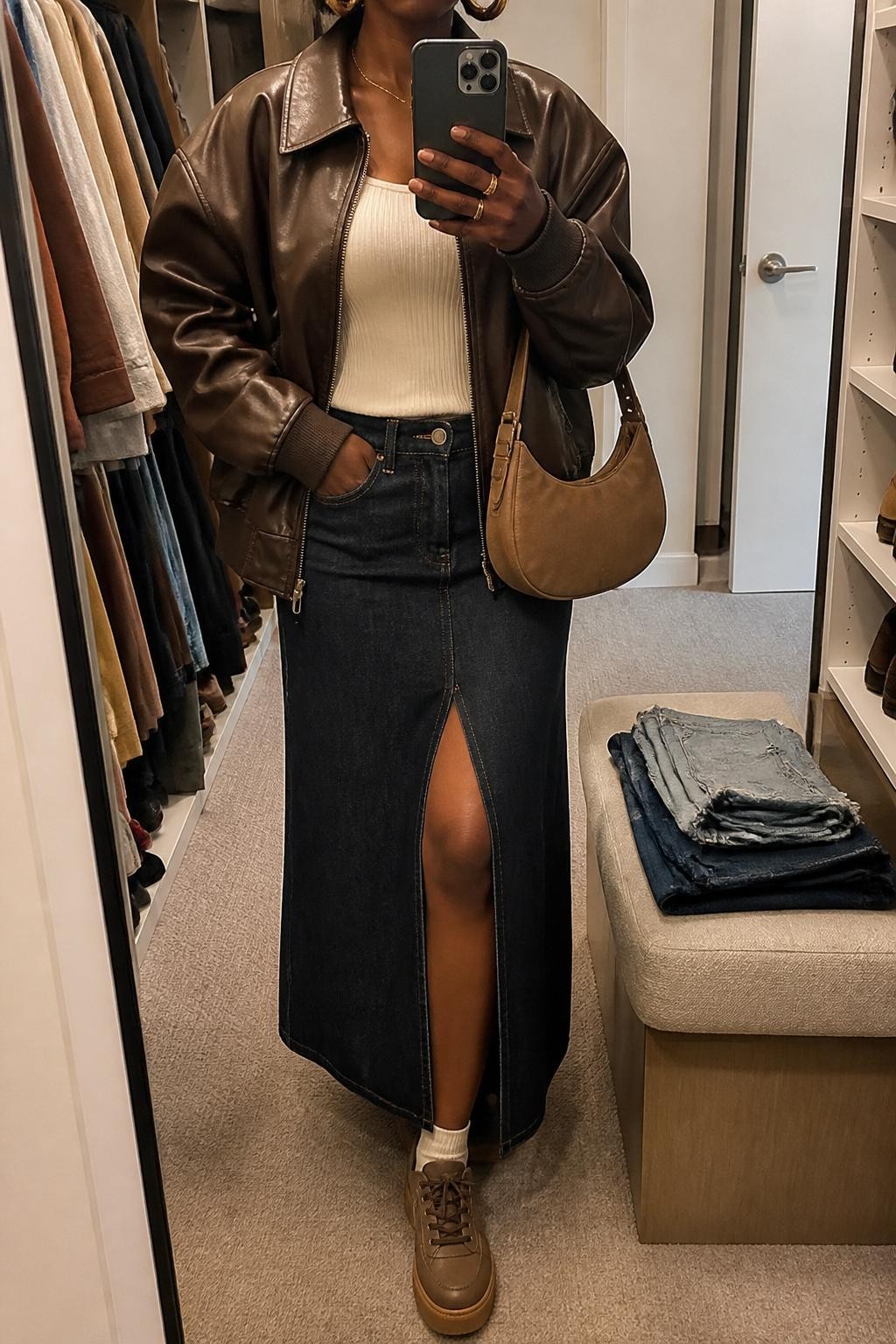 Mirror selfie of a Black woman wearing a brown leather bomber jacket, cream ribbed tank top, dark denim maxi skirt with front slit, brown platform sneakers, gold hoop earrings, and a tan crescent bag, holding a phone in front of a mirror, cropped at NECK so the face does not show, relaxed casual selfie pose, in a walk-in closet mirror, warm indoor lighting, with an open closet with clothes visible and folded denim jeans on a bench, latest iPhone photo quality.