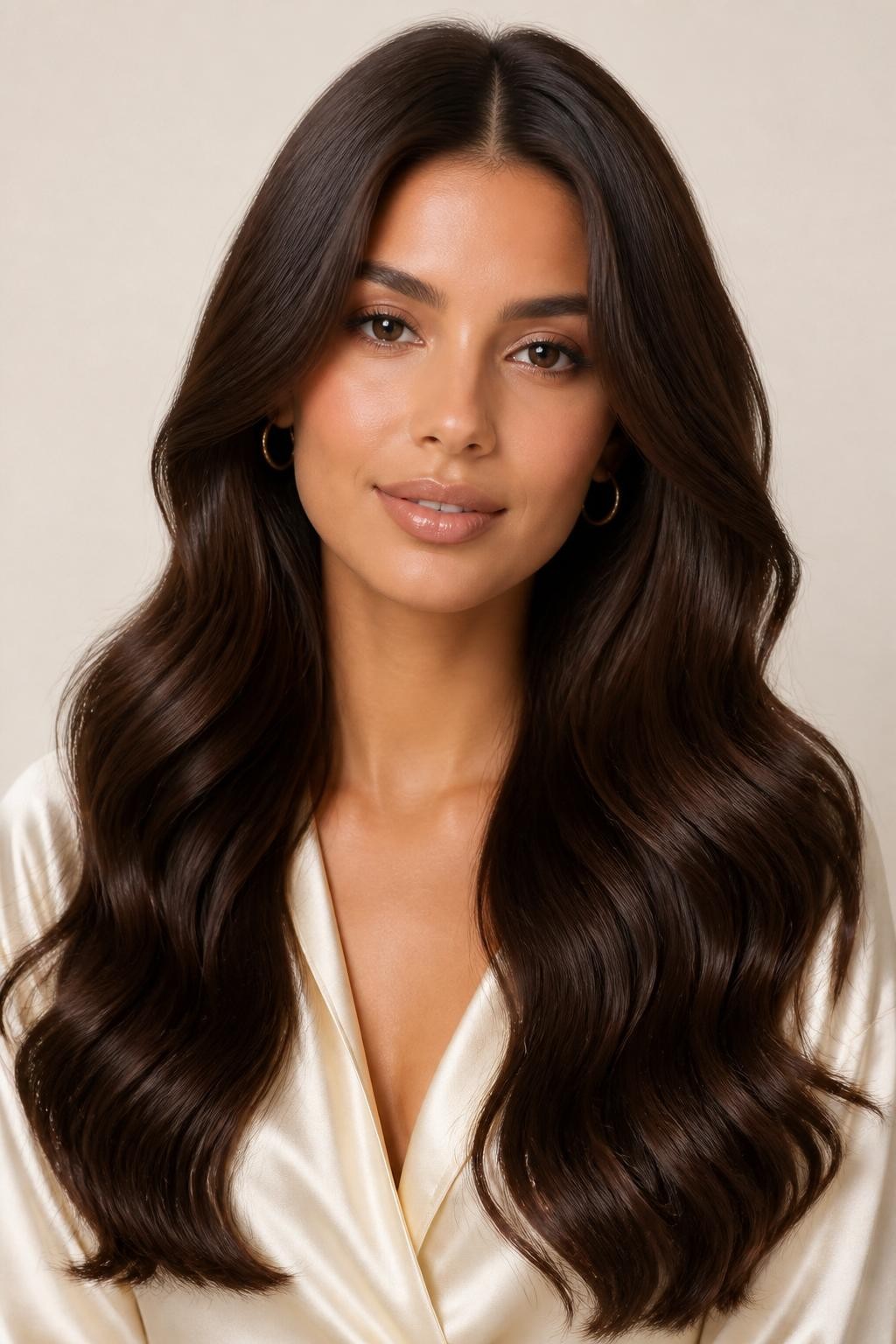 Image Prompt: A beautiful woman with long classic brownie batter hair, rich chocolate brown shade with soft cocoa undertones, center part, loose glossy waves, smooth healthy shine, warm medium skin tone, soft natural makeup, glossy nude lips, small gold hoop earrings, cream satin blouse, clean neutral studio background, soft diffused lighting, realistic DSLR beauty editorial portrait, detailed brunette shine and soft wave texture, no text, (no watermarks on images)