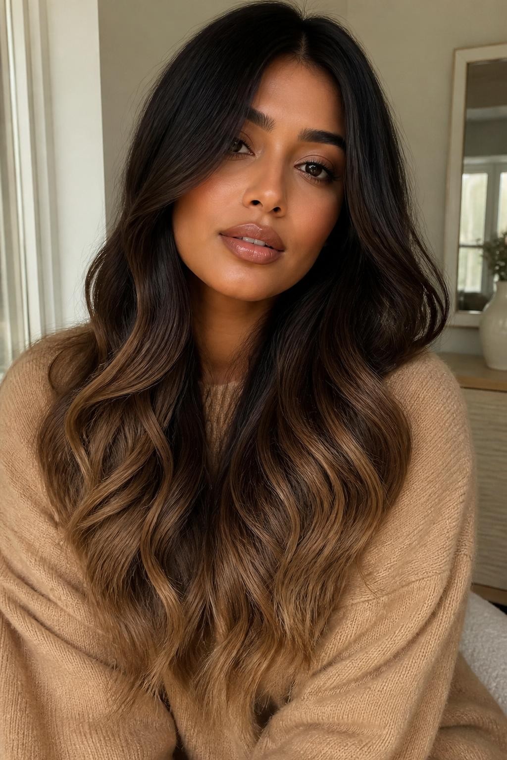 Image Prompt: A beautiful woman with long dark brown hair fading into milk brown ombre ends, glossy deep brunette roots and mid-lengths blending into soft creamy brown tips, loose waves, warm brown skin, natural glam makeup, nude gloss, camel sweater, cozy indoor background, soft natural window light, realistic beauty editorial photo, smooth warm color transition, no text, (no watermarks on images)