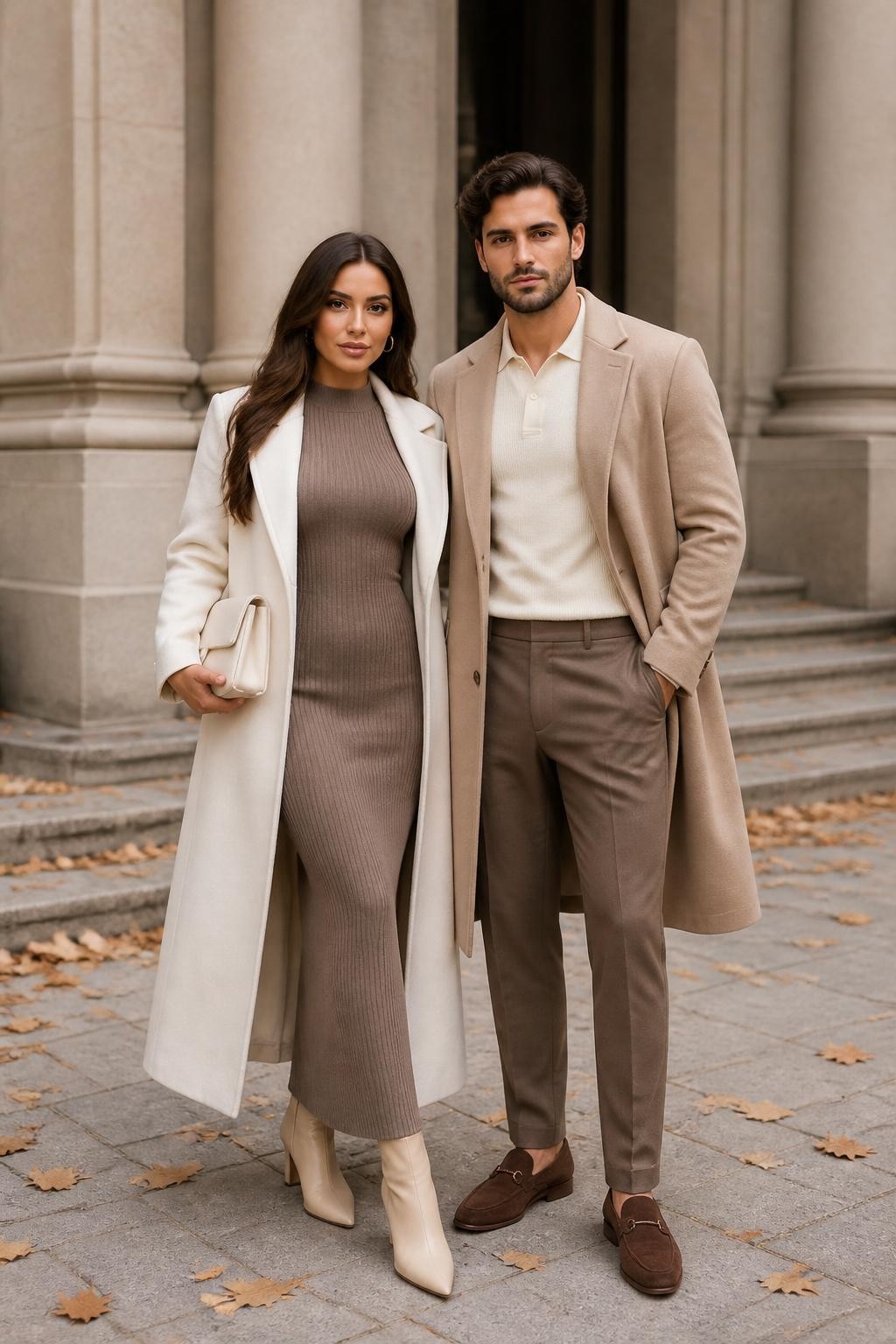 Soft luxury fall couples photoshoot of a woman wearing a mocha ribbed knit set with a fitted top and matching maxi skirt, ivory maxi coat, beige heeled boots, and a cream clutch, standing beside her partner wearing an ivory knit polo, mocha wool trousers, beige overcoat, and brown suede loafers, in front of a cream stone building with scattered fall leaves, soft cloudy daylight, DSLR photo quality, elegant full-body pose, beautiful faces visible.
