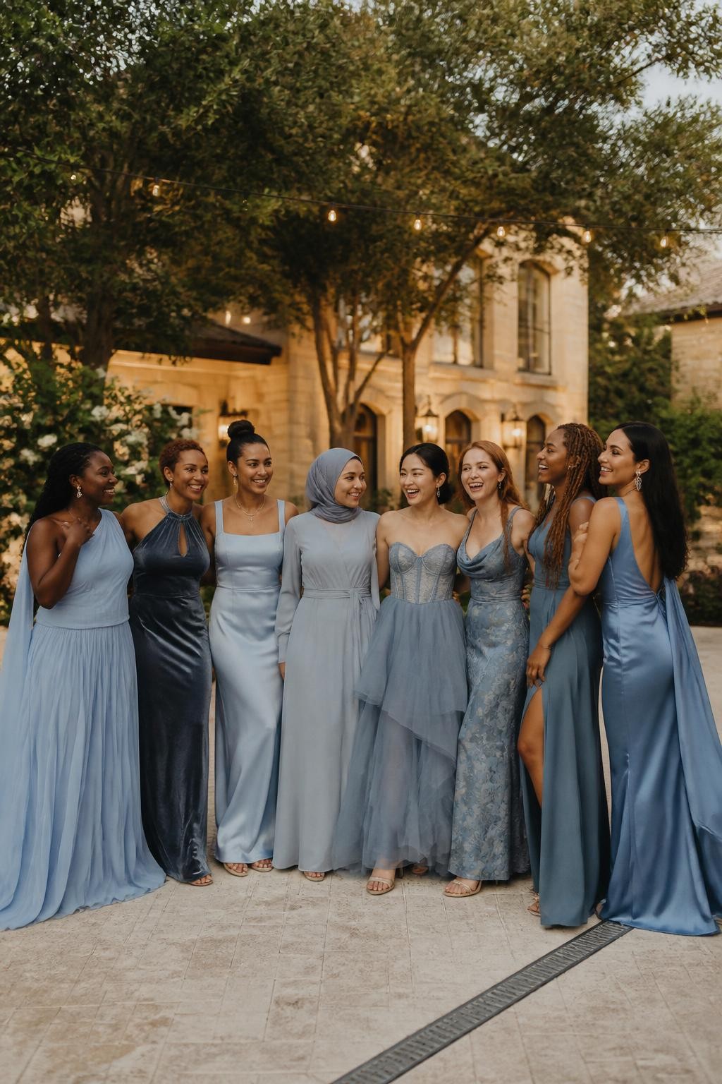 Realistic large bridal party photograph of eight bridesmaids wearing intentionally mismatched floor-length gowns in pale dusty blue, slate blue, blue-grey, storm blue, faded denim, mist blue, steel blue, and muted cornflower, fabrics including satin, chiffon, velvet, crepe, tulle, organza, and subtle botanical jacquard, silhouettes including one-shoulder, halter, square neck, cape sleeve, cowl neck, corset bodice, wrap dress, and open-back designs, women with very deep, deep brown, reddish brown, golden, olive, tan, East Asian fair, and pale freckled skin tones, broad representation of ages, heights, and body shapes, bright beautiful faces and genuine laughter, hairstyles including natural coils, braids, locs, waves, sleek buns, and a softly styled hijab, standing in a lush estate courtyard with cream stone, mature trees, white flowers, and warm string lights, each fabric responding differently to the evening light, realistic spacing, candid movement, and detailed DSLR wedding photography.