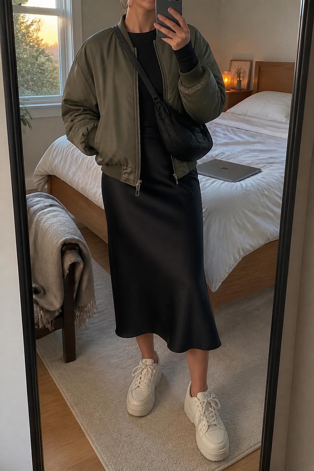 mirror selfie of a woman wearing the exact outfit described above, clearly showing an olive bomber jacket layered over a fitted black long-sleeve top, black satin midi slip skirt, cream platform sneakers, a black nylon crossbody bag, and silver hoop earrings, holding a phone in front of a mirror, cropped at NECK so the face does not show, with a relaxed casual selfie pose, in a cozy bedroom mirror setup, evening golden hour, with a folded blanket on a chair and a laptop or tablet on the bed, latest iPhone photo quality.