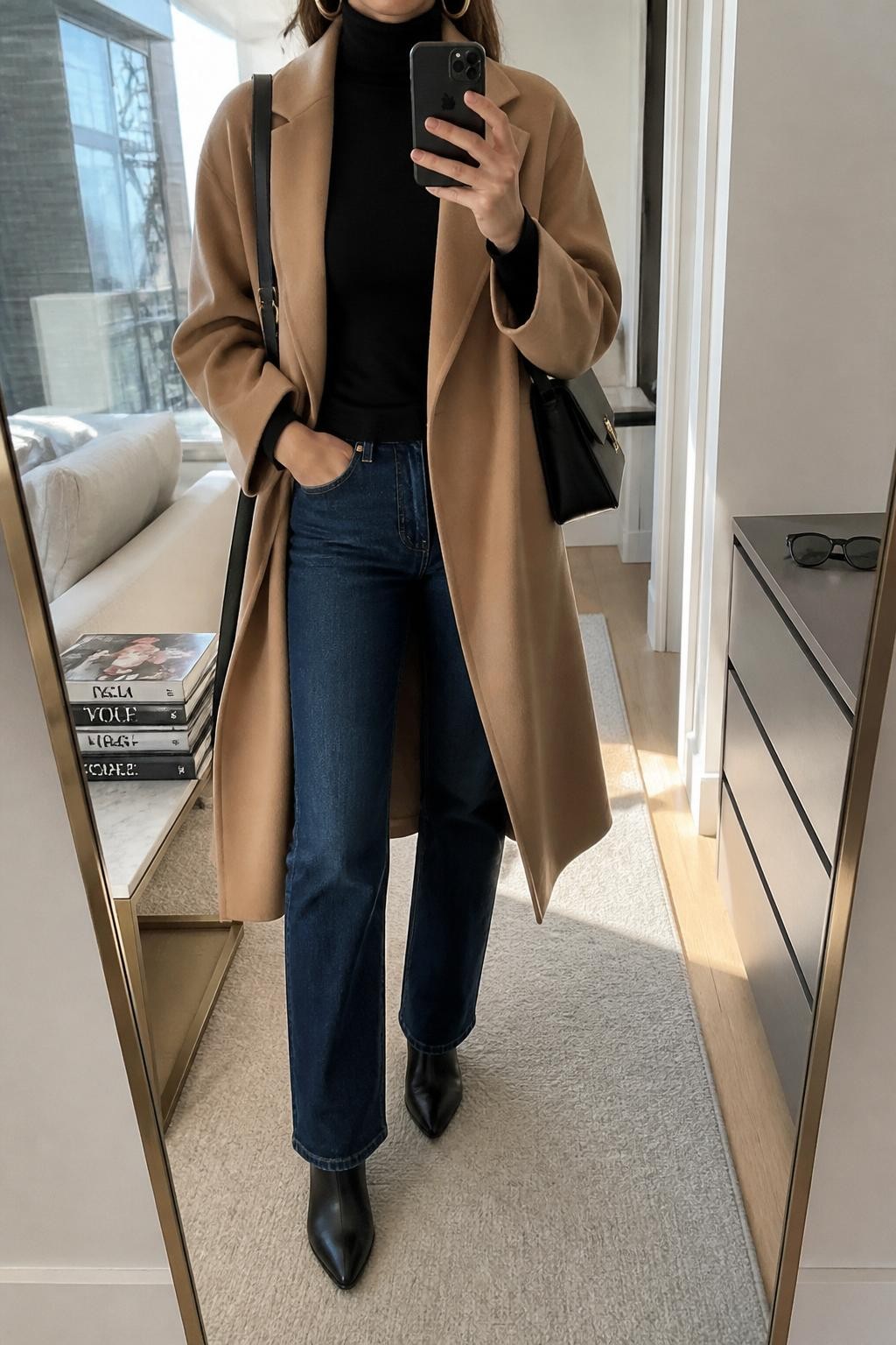 mirror selfie of a woman wearing the exact outfit described above, clearly showing dark blue straight-leg jeans, a fitted black turtleneck, a camel wrap coat worn open, black pointed ankle boots, a structured black shoulder bag, and gold hoop earrings, holding a phone in front of a mirror, cropped at NECK so the face does not show, with a relaxed casual selfie pose, in a stylish city apartment, natural window light, with a stack of fashion magazines on a side table and sunglasses placed on a dresser, latest iPhone photo quality.