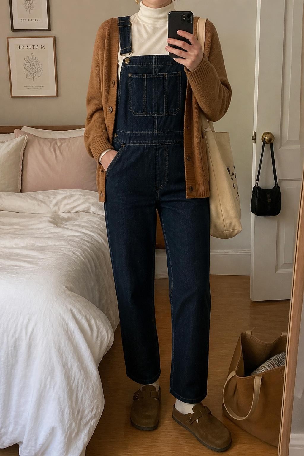 mirror selfie of a woman wearing the exact outfit described above, clearly showing brown suede Birkenstock-style clogs with cream socks, dark indigo straight-leg denim overalls, a fitted cream turtleneck, a camel knit cardigan worn open, a tan canvas tote bag, and small gold earrings, holding a phone in front of a mirror, cropped at NECK so the face does not show, with a relaxed casual selfie pose, in a cozy bedroom mirror setup, soft indoor lighting, with soft pillows on an unmade bed and a tote bag resting on the floor, latest iPhone photo quality.