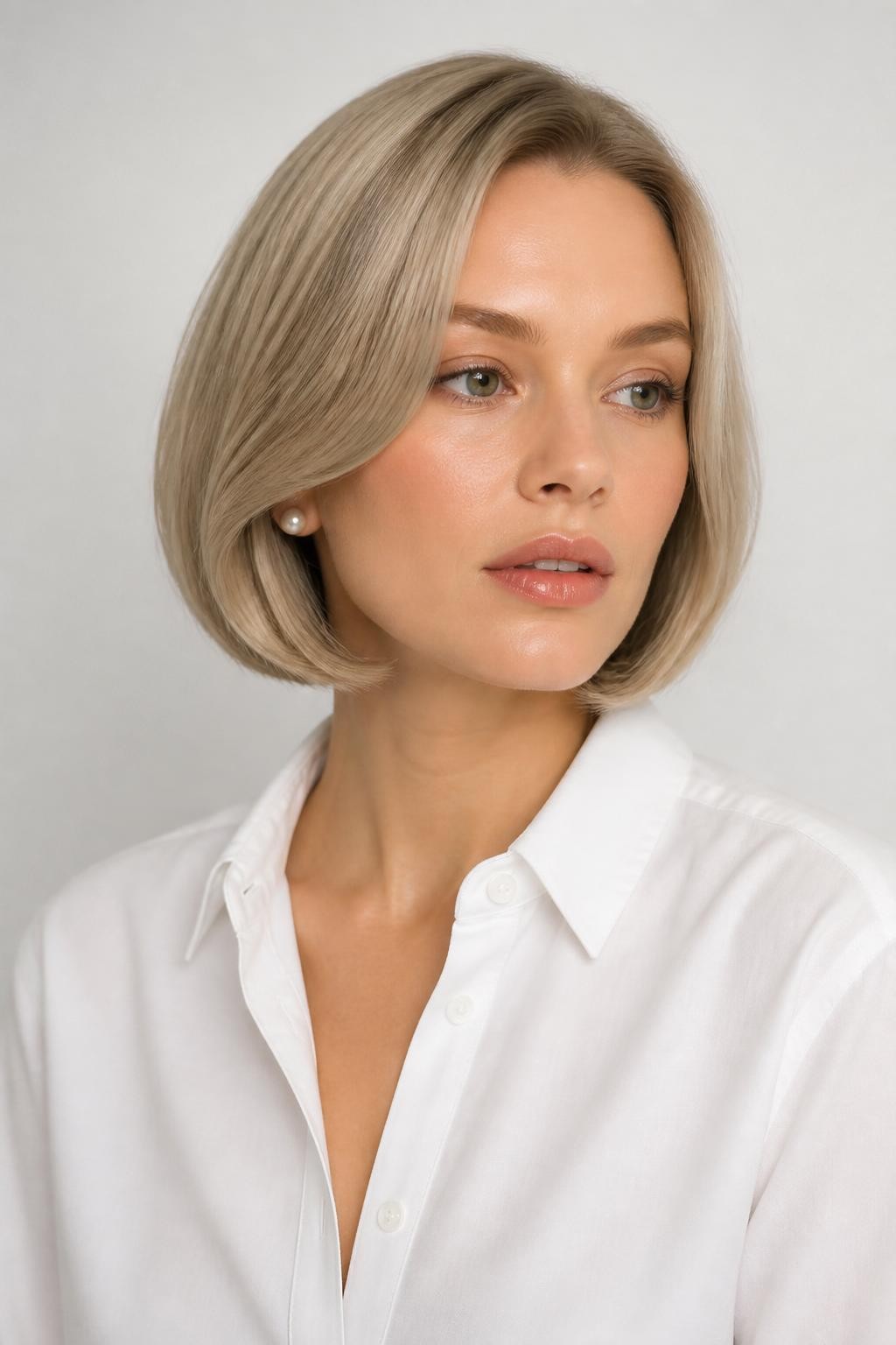 Image Prompt: A chic woman with fair skin and a chin-length cool beige blonde bob, smooth rounded bob shape with a soft bend at the ends, muted beige blonde hair color with glossy shine, fresh natural makeup, glossy nude lips, small pearl earrings, white button-up shirt, bright clean studio background, soft flattering lighting, realistic beauty editorial photography, detailed bob shape and beige blonde shine, no text, (no watermarks on images)