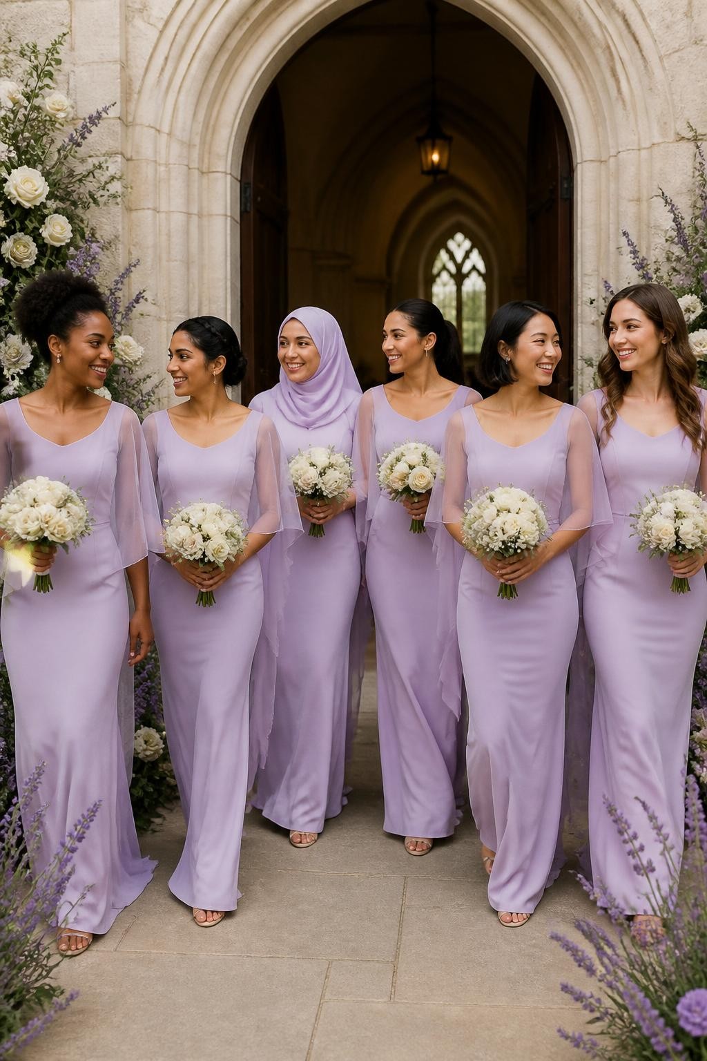 Realistic elegant wedding photograph of six bridesmaids wearing lilac matte-crepe column gowns with clean scoop necklines, fitted sleeveless bodices, softly defined waists, and removable sheer organza capelets resting over the shoulders and ending near the elbows, women of West African, South Asian, East Asian, Middle Eastern, Latina, and European appearance with deep, golden brown, olive, tan, medium beige, and fair skin tones, bright expressive faces with individual features, realistic pores and soft makeup, hairstyles including natural coils, a braided crown, softly wrapped hijab, polished ponytail, sleek bob, and loose waves, walking through the arched entrance of a pale stone chapel surrounded by white flowers and lavender borders, light breeze moving the capelet edges naturally, visible organza transparency, gentle shadows, and believable body proportions.