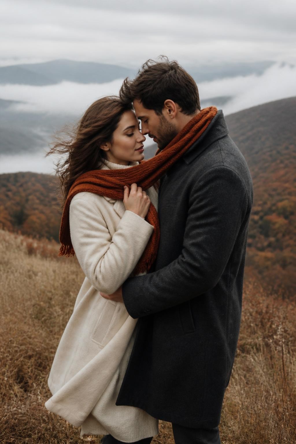 Image Prompt: A romantic couple standing close together on a breezy hillside covered with dry autumn grass, one long rust-colored knit scarf wrapped loosely around both of their necks, the woman holding one end near her chest while the man keeps one hand at her waist, both wearing charcoal and cream wool coats, their hair and coat hems moving slightly in the wind, cloudy valley and distant orange trees behind them, photographed with a DSLR 70mm lens at chest height, soft diffused daylight, realistic wind movement, textured knit fabric, natural serious expressions, no dramatic flying scarf, no fantasy landscape.