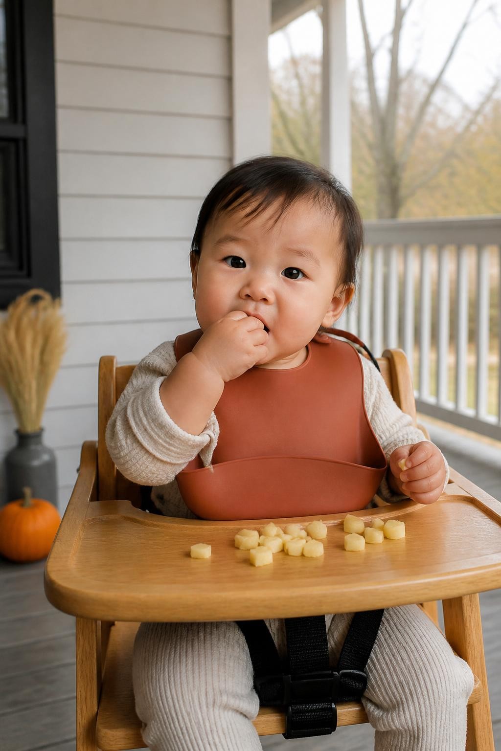 Image Prompt: An East Asian baby around eleven months old sitting securely strapped into a simple wooden high chair on a covered back porch, wearing a rust-colored bib over a cream knit top, small pieces of soft steamed apple placed on the clean tray, one miniature pumpkin and a small vase of dried wheat positioned far behind the chair, cool afternoon light, muted trees visible beyond the porch, photographed at baby-eye level with a DSLR 50mm lens, realistic food portions, natural messy fingers, visible safety straps, genuine eating expression, no food piled around the baby, no decorative table, no unattended high chair.