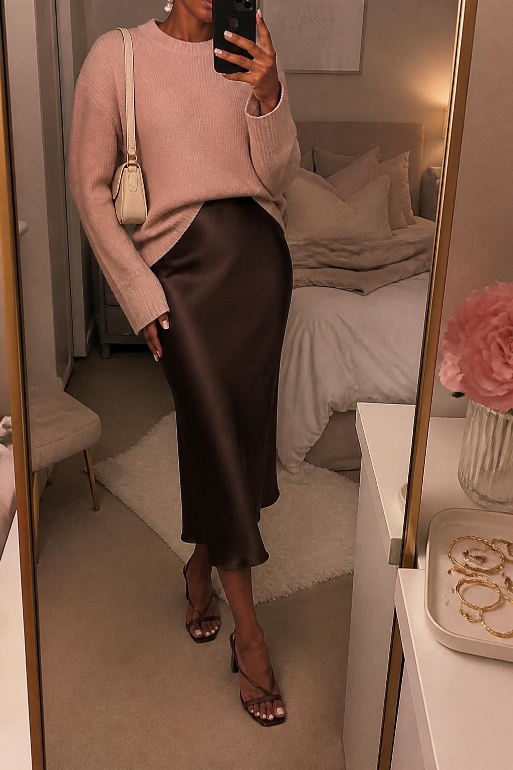 Mirror selfie of a Black woman wearing a blush pink soft knit sweater, chocolate brown satin slip skirt, brown strappy block heels, pearl stud earrings, and a cream mini shoulder bag, holding a phone in front of a mirror, cropped at NECK so the face does not show, relaxed casual selfie pose, in a feminine-themed bedroom, warm moody lighting, with soft pillows on an unmade bed and a jewelry tray on the vanity, latest iPhone photo quality.