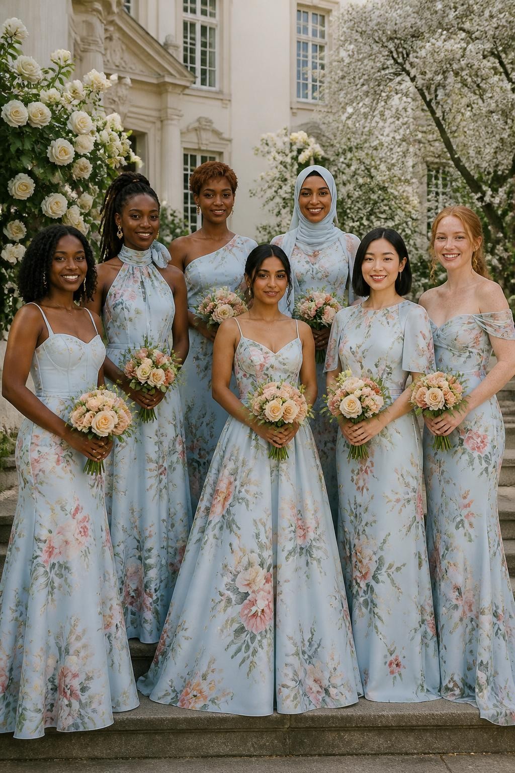 Realistic spring estate wedding photograph of seven bridesmaids wearing pale powder-blue dresses printed with painterly peach roses, coral ranunculus, soft apricot blossoms, sage leaves, and fine green vines, silhouettes including a corseted A-line gown, scarf-neck satin slip, one-shoulder column, ankle-length full skirt, halter dress, cape-sleeve gown, and softly draped off-shoulder style, women with very deep brown, rich brown, reddish brown, golden tan, South Asian olive, East Asian fair, and pale freckled skin tones, naturally varied ages, heights, and body shapes, bright beautiful faces with individual features and realistic skin texture, hairstyles including coils, locs, braids, polished bobs, sleek buns, waves, and a neatly styled hijab, standing on the steps of a cream manor surrounded by white roses and flowering trees, diffused daylight showing the blue-and-peach print accurately and preserving natural skin tones.