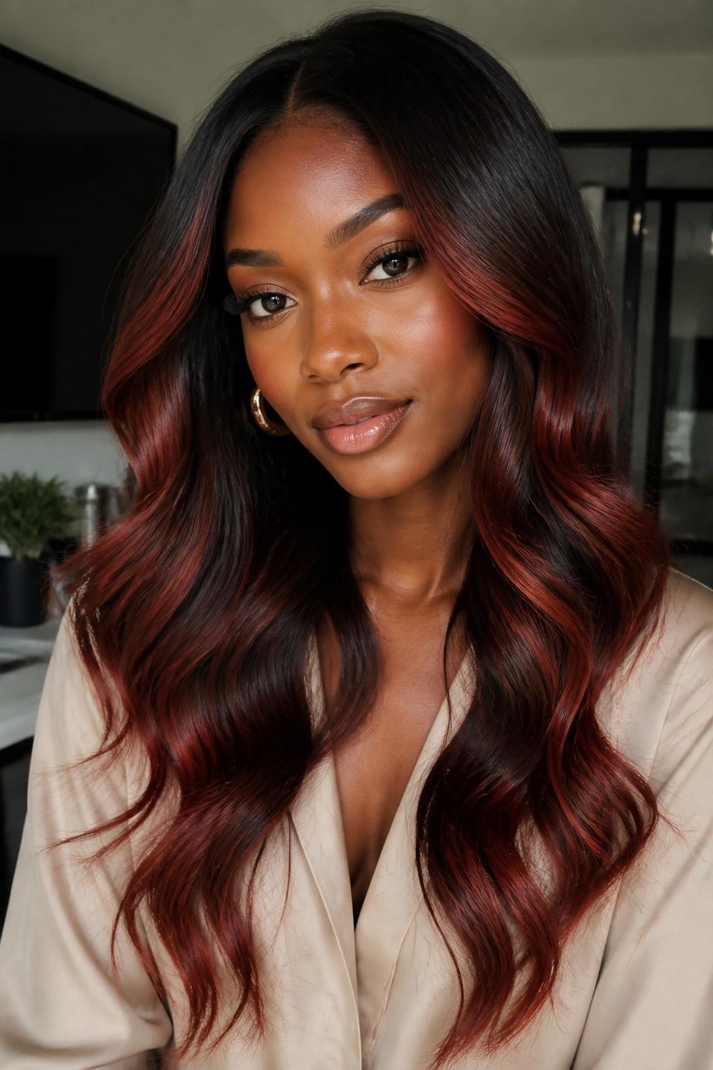 Image Prompt: A beautiful woman with long dark brown hair and red copper balayage, dark roots with hand-painted red copper pieces through the mid-lengths and ends, soft loose waves, medium-deep brown skin, natural glam makeup, glossy lips, gold earrings, beige blouse, modern indoor background, soft window light, realistic beauty editorial portrait, smooth blended color placement, no text, (no watermarks on images)