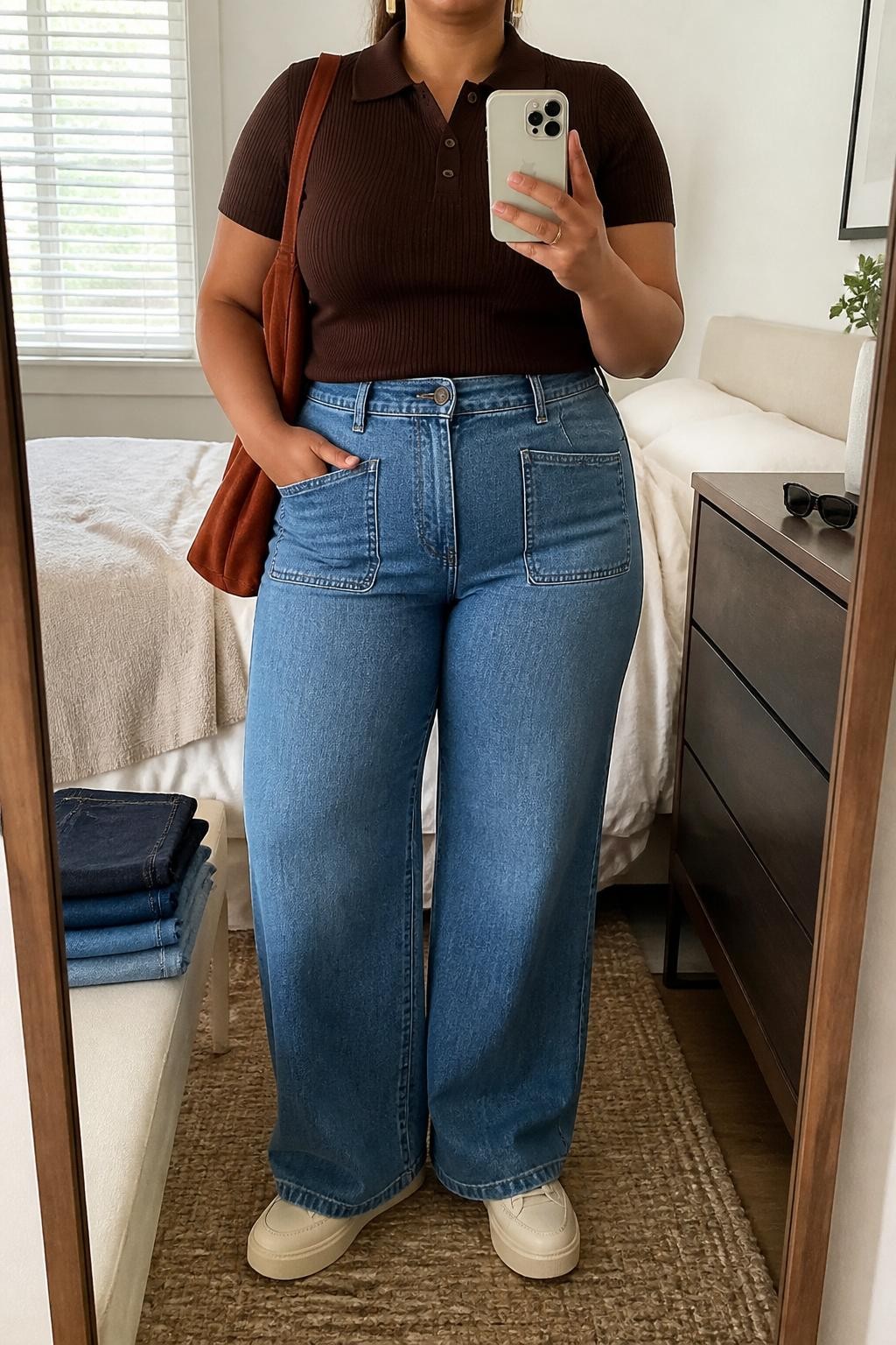 Mirror selfie of a plus size woman wearing medium-wash high-waisted wide-leg jeans with flat front patch pockets, a fitted chocolate brown short-sleeve knit polo, cream platform sneakers, a rust suede shoulder bag, and small gold rectangular earrings, clearly showing the exact clothing items, denim wash, patch pockets, colors, knit texture, footwear, and accessories listed, holding a phone in front of a mirror, cropped at the neck so her face does not show, relaxed casual selfie pose, in a cozy bedroom mirror setup with natural window light, folded denim jeans on a bench and sunglasses placed on a dresser, realistic everyday styling, latest iPhone photo quality.