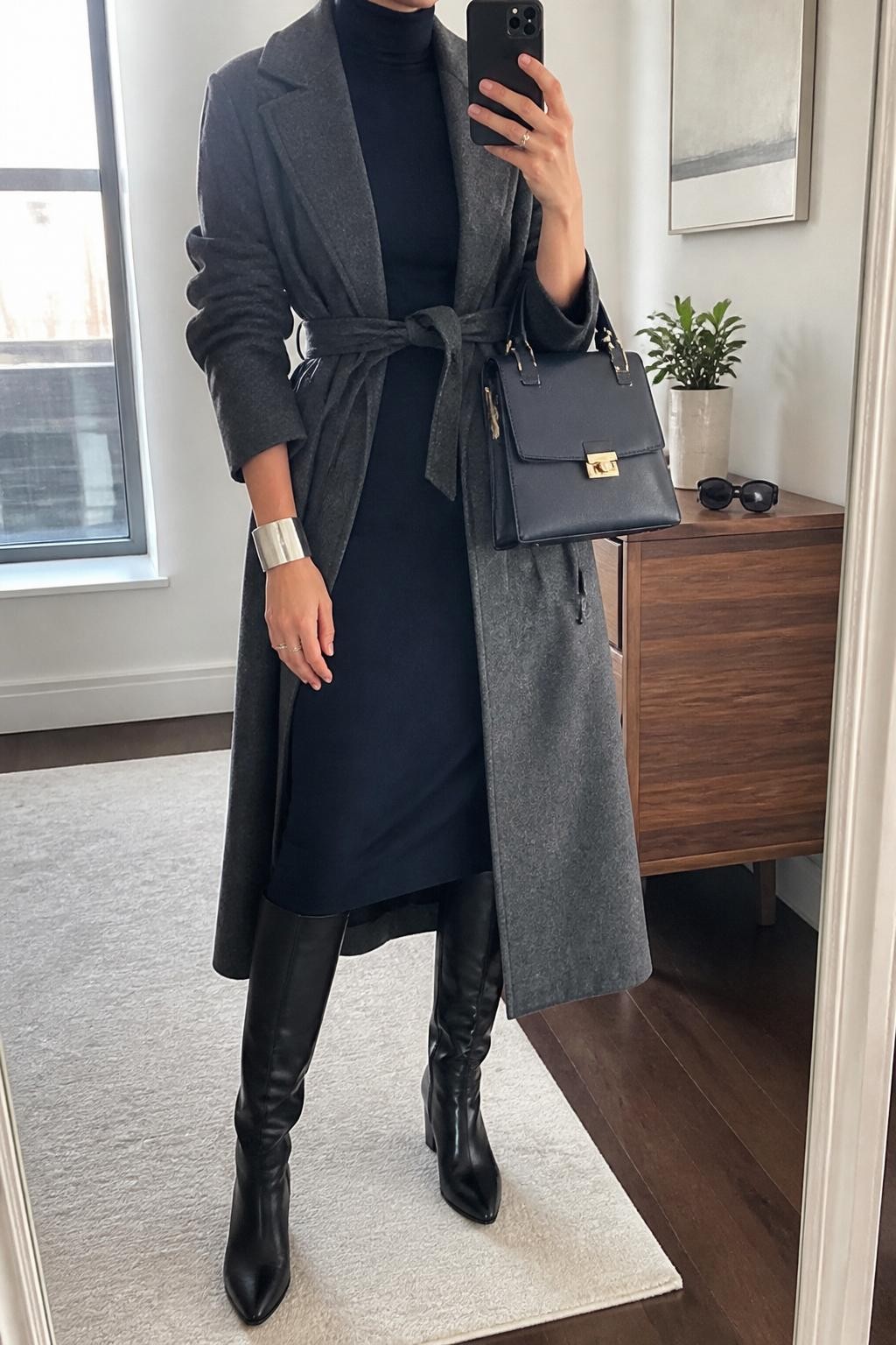 mirror selfie of a woman wearing the exact outfit described above, clearly showing a navy turtleneck midi dress, gray belted wool coat, black knee-high boots, a navy leather handbag, and a silver cuff bracelet, holding a phone in front of a mirror, cropped at NECK so the face does not show, with a relaxed casual selfie pose, in a stylish city apartment, natural window light, with sunglasses placed on a dresser and a small plant on a dresser, latest iPhone photo quality.