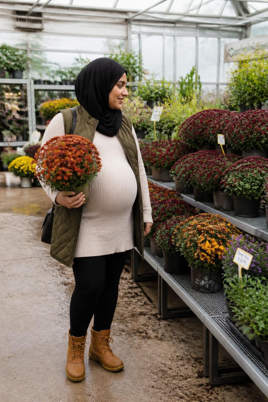 Image Prompt: A pregnant Middle Eastern woman browsing potted chrysanthemums inside a bright garden-center greenhouse, wearing black maternity leggings, a long cream tunic sweater, a quilted olive vest, and practical tan boots, gently carrying a small pot of burnt-orange mums at waist level while looking toward a row of burgundy flowers, realistic greenhouse shelving, watering trays, handwritten price signs, fallen soil, and mixed plant sizes, soft daylight entering through glass panels, photographed with a DSLR 35mm lens at natural eye level, warm but realistic color, detailed plant textures, natural pregnancy proportions, candid shopping expression, no empty greenhouse, no flower-shop fantasy setting.