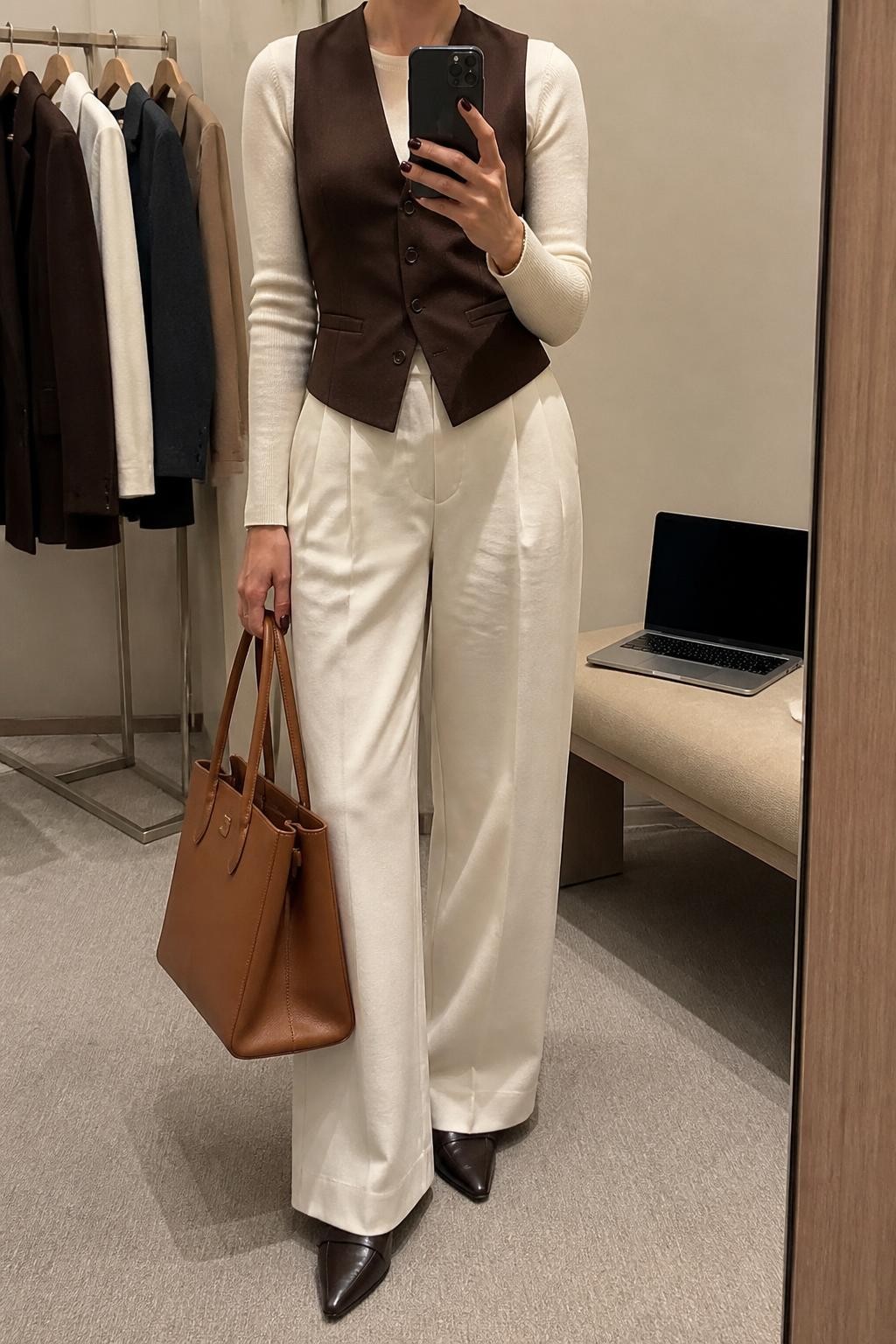 Mirror selfie of a woman wearing a tailored chocolate-brown waistcoat over a fitted ivory long-sleeve top, high-waisted cream wide-leg trousers, dark brown pointed-toe loafers, and a structured cognac tote bag, clearly showing the exact clothing items, colors, fabrics, and accessories listed, holding a phone in front of a minimal dressing room mirror, cropped at the neck so the face does not show, relaxed confident selfie pose, soft indoor lighting, a clothing rack with garments behind and a laptop on a bench, polished yet natural, latest iPhone photo quality.