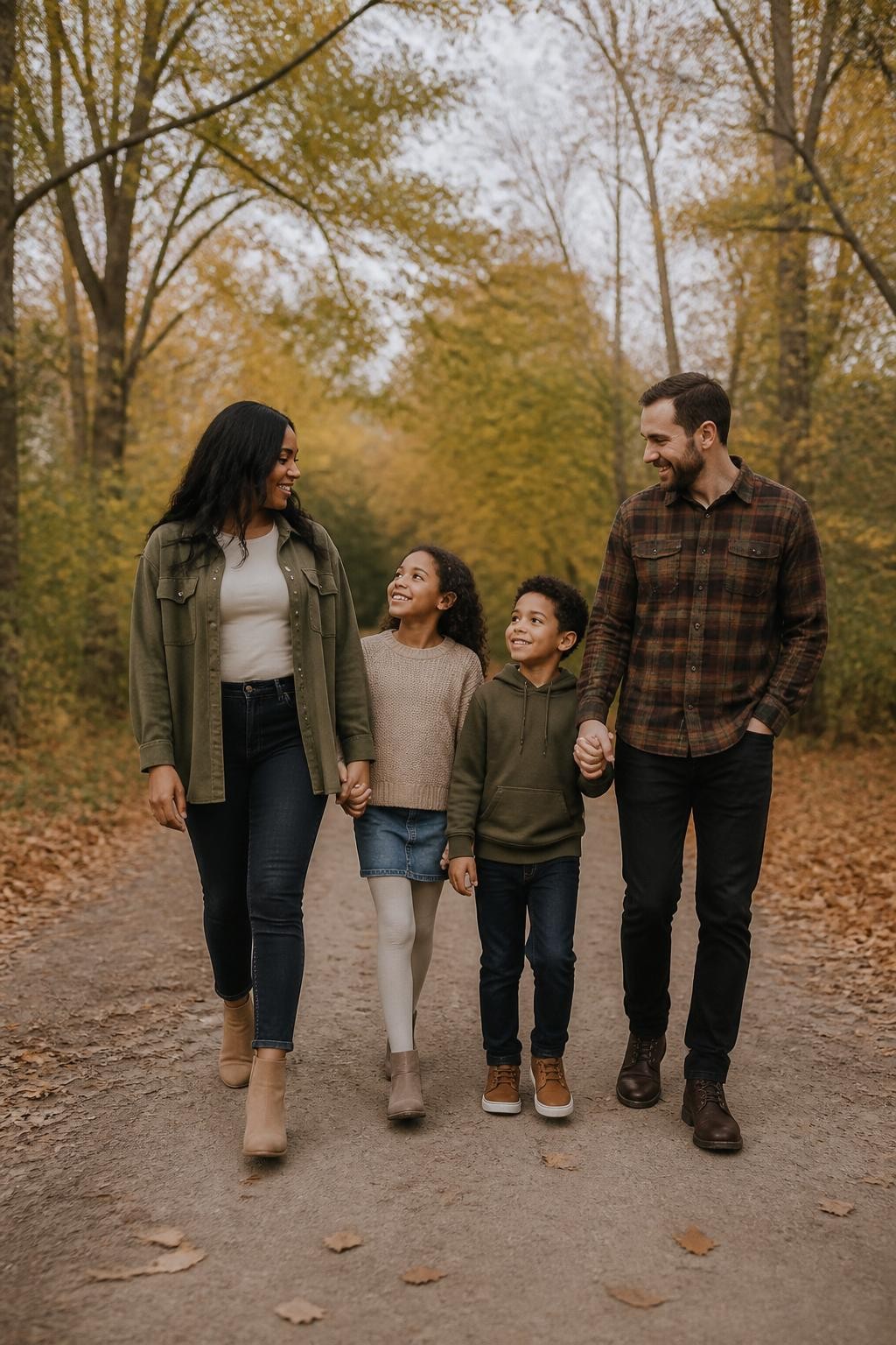 Realistic DSLR fall family portrait of a mixed family of four walking through a quiet tree-lined path, mom wearing an olive oversized shacket over a cream fitted top with dark denim jeans and tan ankle boots, dad wearing a brown flannel shirt with black jeans and lace-up boots, daughter wearing a beige knit sweater with denim skirt and tights, son wearing an olive hoodie with dark jeans and brown sneakers, soft cloudy fall light, candid walking pose.