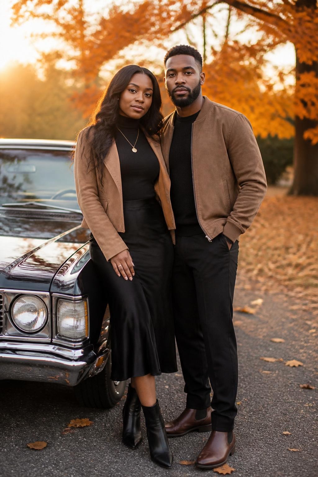 Soft fall couples photoshoot of a Black woman wearing a black fitted turtleneck, black satin midi skirt, tan suede jacket, black ankle boots, and a gold pendant necklace, standing beside her partner wearing a tan suede bomber jacket, black knit shirt, black trousers, and brown boots, near a vintage car parked beside orange fall trees, golden hour lighting, DSLR photo quality, stylish relaxed pose, beautiful faces visible.