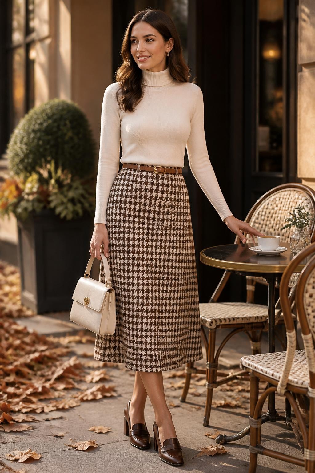 Realistic full-body DSLR fashion photo of a woman wearing a fitted cream turtleneck sweater, brown and tan houndstooth A-line midi skirt, dark brown heeled loafers, a slim tan belt, and a cream top-handle handbag, standing beside an outdoor café table with fallen leaves nearby, warm golden hour lighting, exact pattern and clothing pieces clearly visible, soft polished hairstyle.