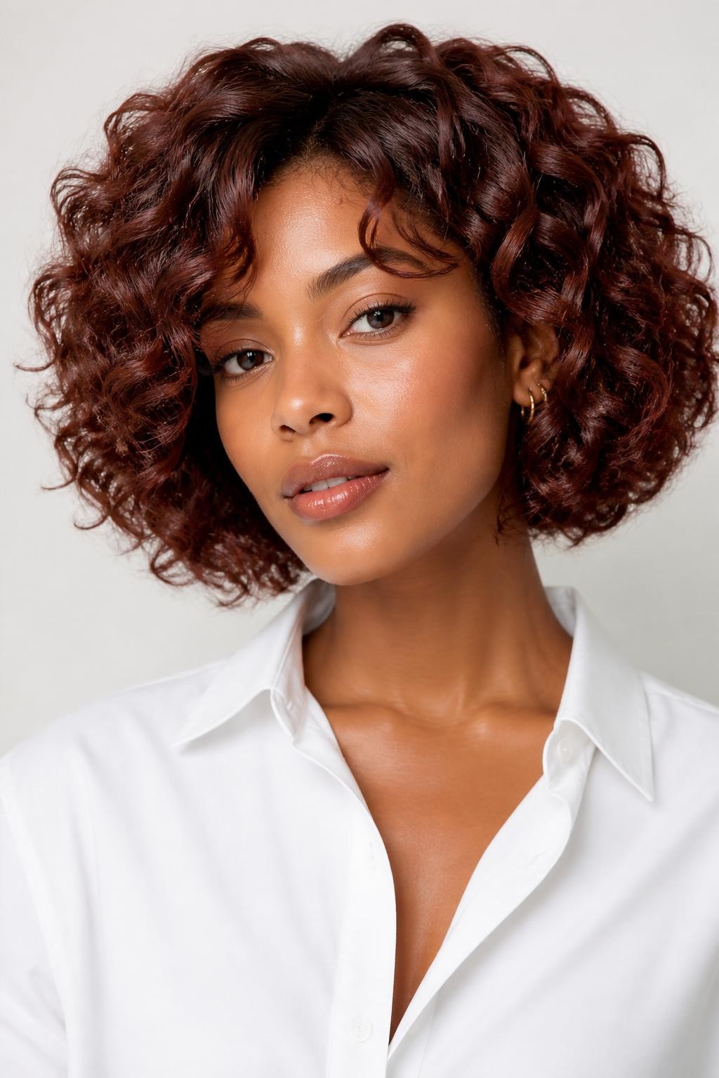 Image Prompt: A pretty woman with a chin-length curly bob dyed rose brown, springy defined curls, rounded bob shape with soft volume, muted rosy brunette hair color with shine, warm medium-brown skin, fresh natural makeup, glossy lips, small gold earrings, white button-up shirt, bright clean studio background, soft flattering lighting, realistic beauty editorial photography, detailed curl definition and rose brown shine, no text, (no watermarks on images)