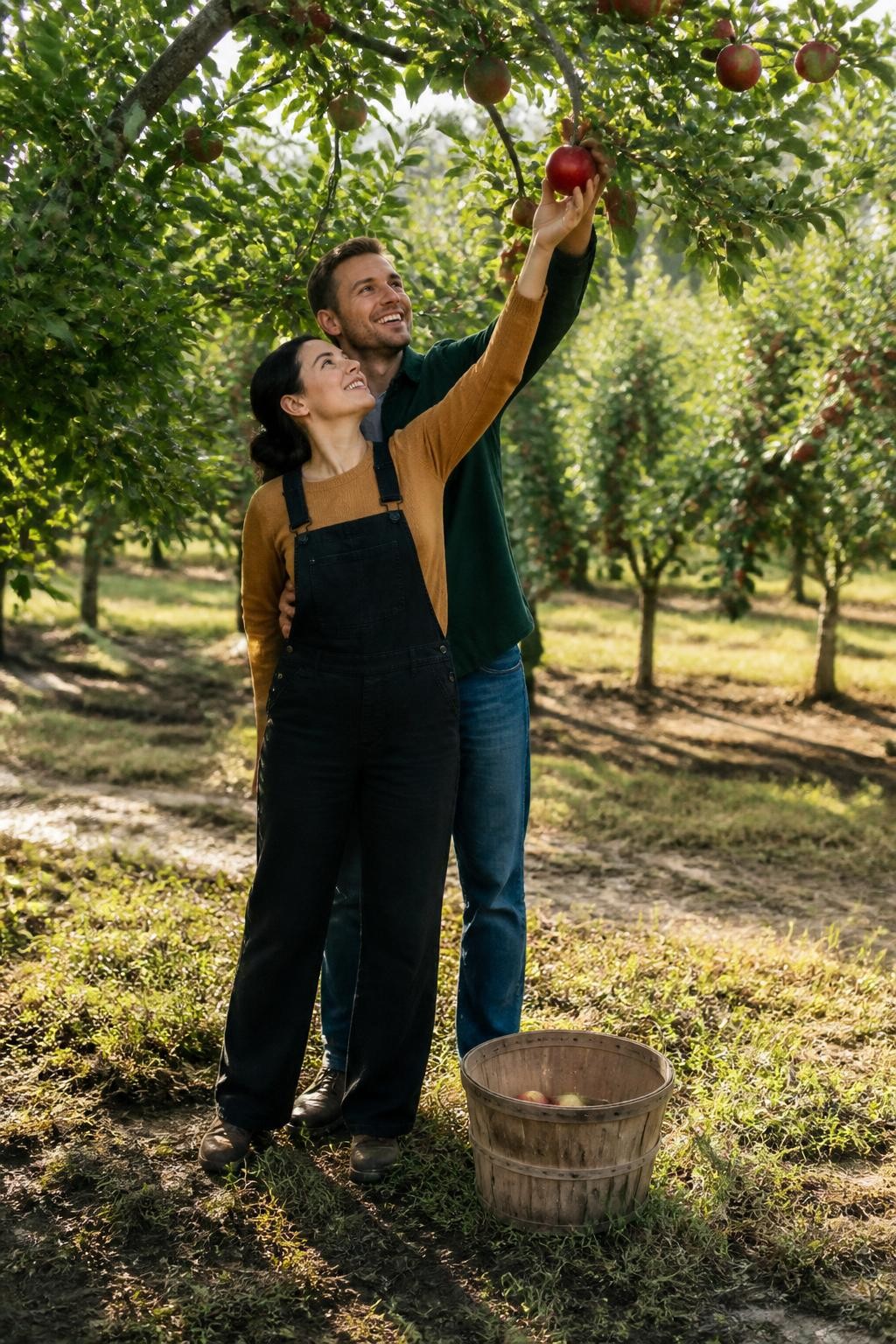Image Prompt: A playful couple standing beneath a low apple tree in a working orchard, both reaching toward the same red apple while gently bumping shoulders, the woman standing slightly in front wearing dark overalls over a fitted mustard sweater, the man behind her in a forest-green jacket and jeans, a simple wooden picking basket resting on the grass beside them with only a few apples inside, photographed with a DSLR 35mm lens in soft morning sunlight, realistic orchard rows, natural apple sizes, slightly muddy ground, genuine expressions, believable working farm setting, no overflowing decorative baskets.