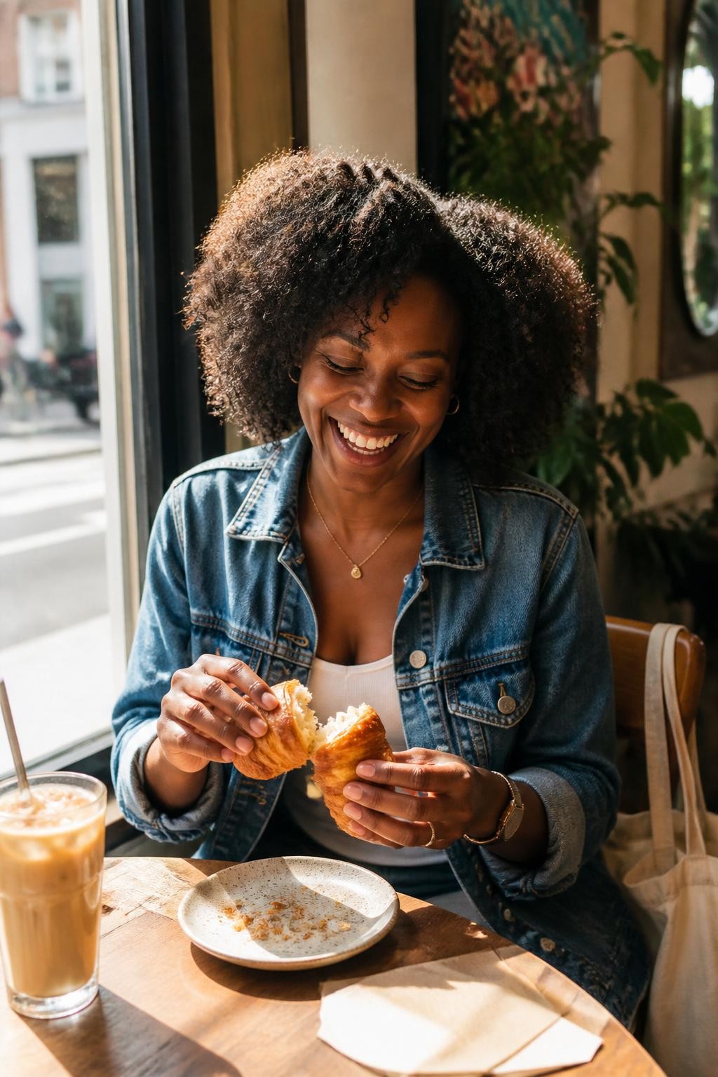 A cheerful cafe photo of an adult Black woman with warm dark skin sitting at a small table near a bright window, wearing a denim jacket over a white tank top, gently pulling apart a flaky croissant with both hands, laughing while looking down at the pastry, iced coffee with condensation on the glass, small plate with crumbs, paper napkin, soft tote bag on the chair, sunlight across the table, natural curls, realistic flaky pastry texture, casual weekend cafe mood, DSLR lifestyle photography.