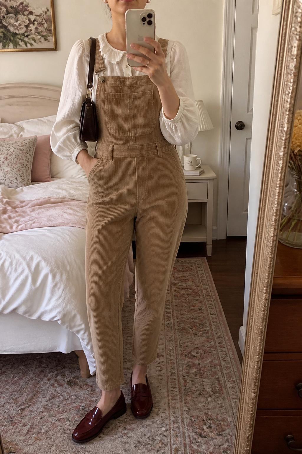 Mirror selfie of a woman wearing camel corduroy overalls with a tailored tapered leg over an ivory puff-sleeve blouse, clearly showing burgundy leather loafers, a small chocolate brown shoulder bag, and delicate pearl stud earrings, holding an iPhone in front of a feminine-themed bedroom mirror, cropped at the neck so the face does not show, relaxed casual selfie pose, soft indoor lighting, a coffee mug on the bedside table and soft pillows on an unmade bed, natural unstaged setting, latest iPhone photo quality.