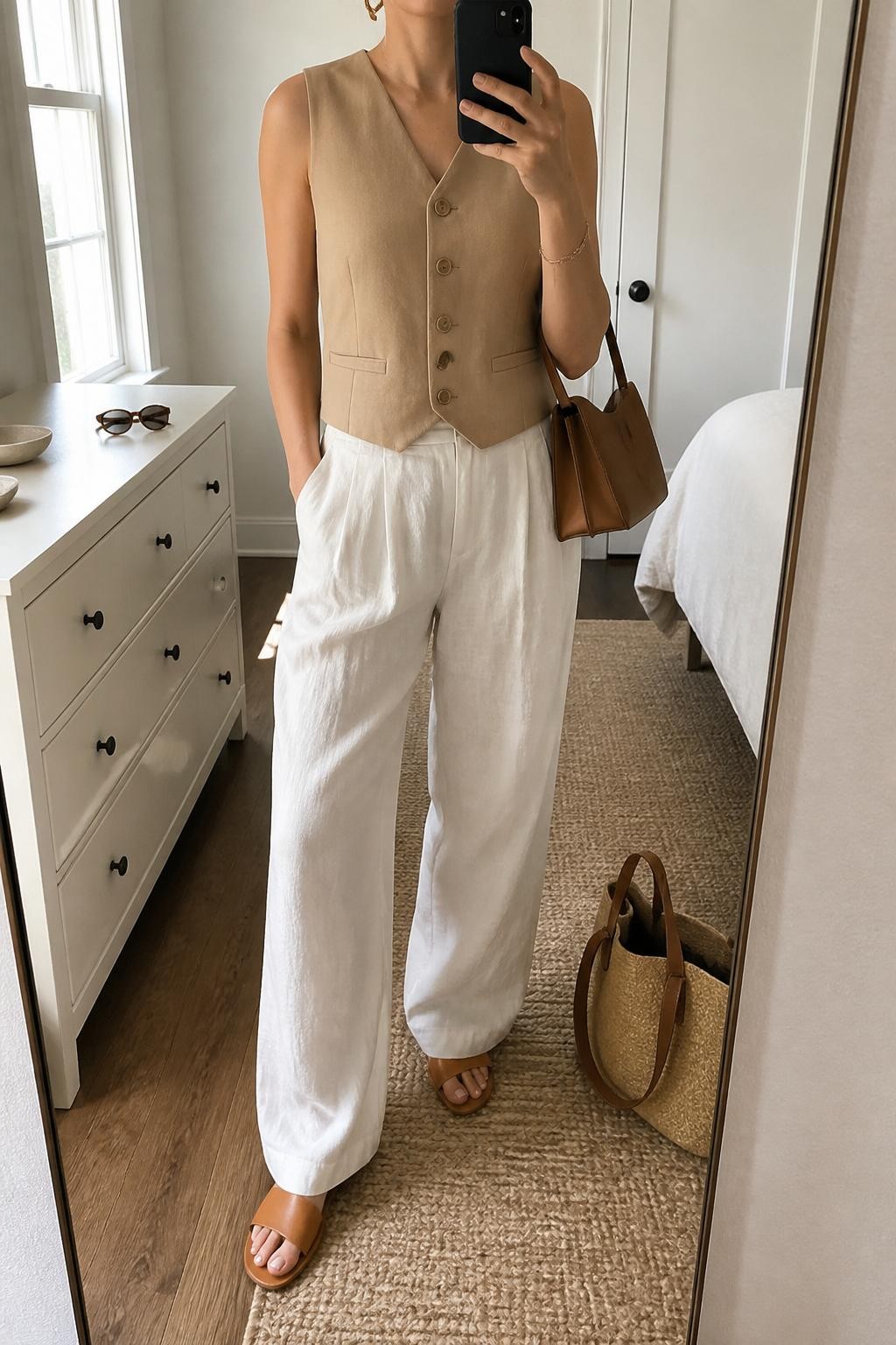 mirror selfie of a woman wearing the exact outfit described above, clearly showing a camel sleeveless linen vest buttoned neatly, ivory wide-leg linen trousers, tan leather slide sandals, a structured caramel shoulder bag, and small gold hoop earrings, holding a phone in front of a mirror, cropped at NECK so the face does not show, with a relaxed casual selfie pose, in a bright bedroom mirror setup, natural window light, with sunglasses placed on a dresser and a straw tote resting on the floor, latest iPhone photo quality.