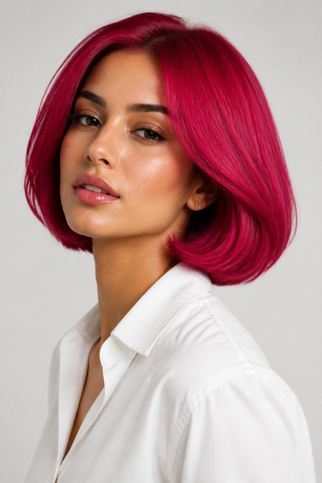 Image Prompt: A pretty woman with a chin-length bob dyed bright raspberry, smooth rounded bob shape with a soft bend at the ends, vivid berry-pink red hair color with glossy shine, medium skin tone, fresh natural makeup, glossy lips, small gold earrings, white button-up shirt, bright clean studio background, soft flattering lighting, realistic beauty editorial photography, detailed bob shape and bold raspberry shine, no text, (no watermarks on images)