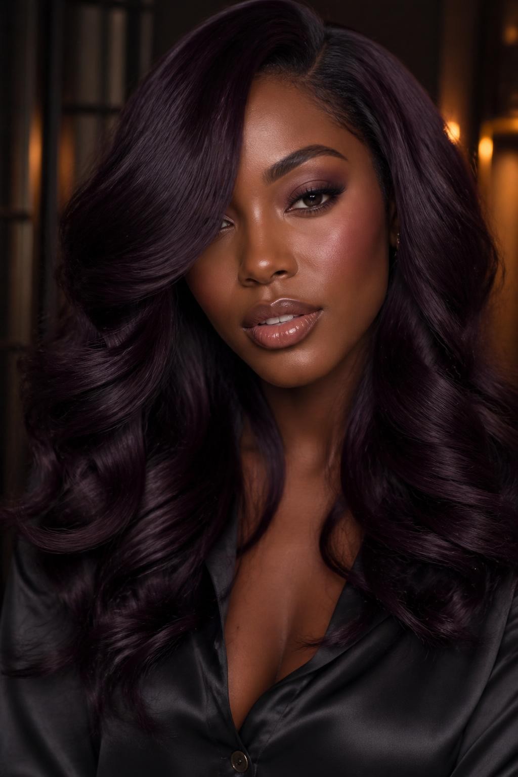 Image Prompt: A gorgeous woman with long blackberry plum waves, deep purple-black hair color with berry undertones, side part, soft loose curls, glowing dark brown skin, soft glam makeup with berry blush and nude gloss, black satin blouse, moody indoor studio background, warm diffused lighting, realistic DSLR beauty editorial portrait, detailed shine and deep color movement, no text, (no watermarks on images)