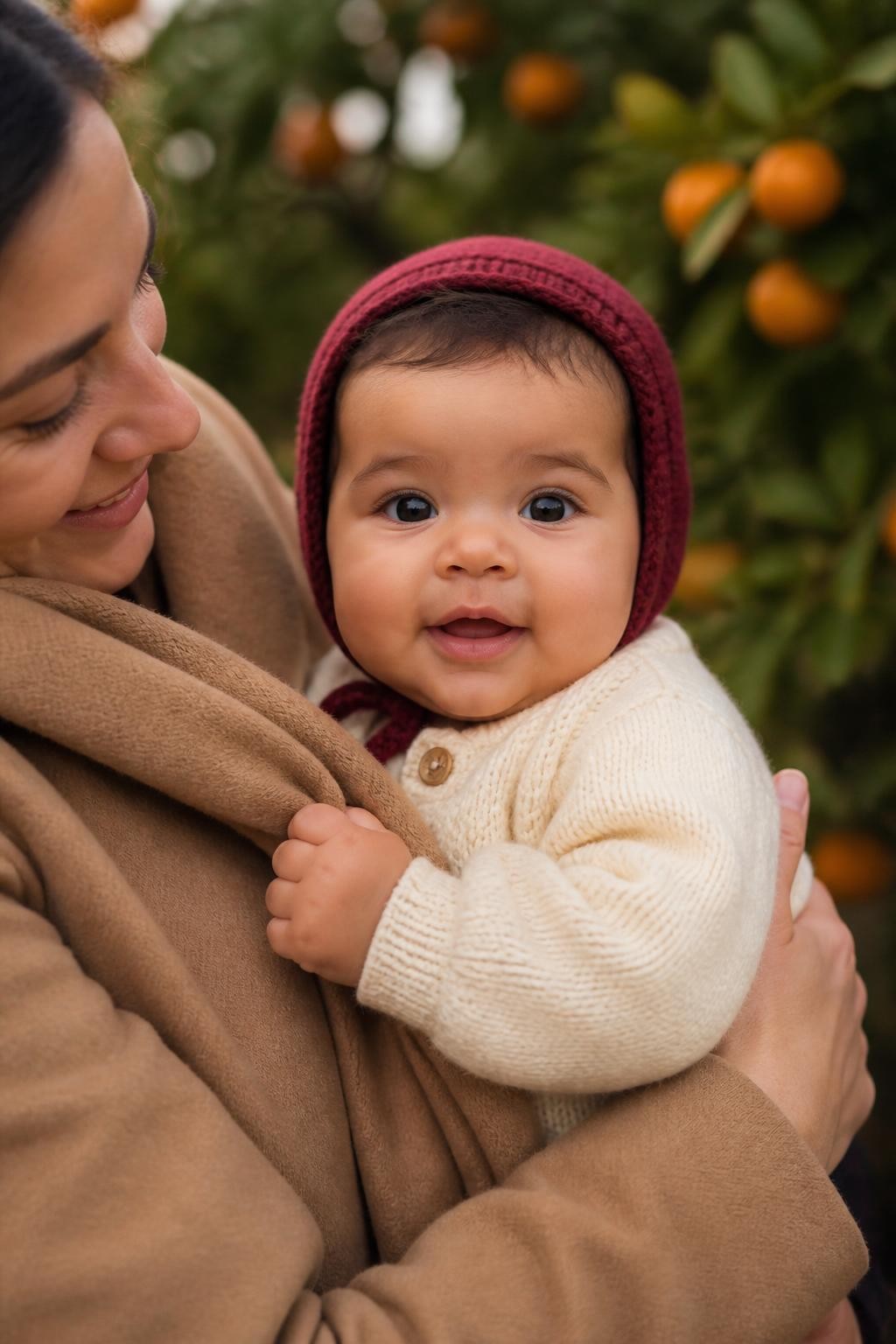 Image Prompt: A mixed-race baby around six months old held securely in the mother’s arms outdoors, wearing a deep burgundy knit bonnet and cream cardigan, the photograph framed closely from the mother’s shoulder to the baby’s hands, one small hand holding the edge of the mother’s camel wool scarf, soft orange trees blurred in the background, gentle overcast light, photographed with a DSLR 85mm lens, realistic baby skin, detailed knit stitches, natural eyelashes and fine hair, mother’s supporting arm clearly visible, no floating baby, no heavy skin smoothing, no oversized hat.