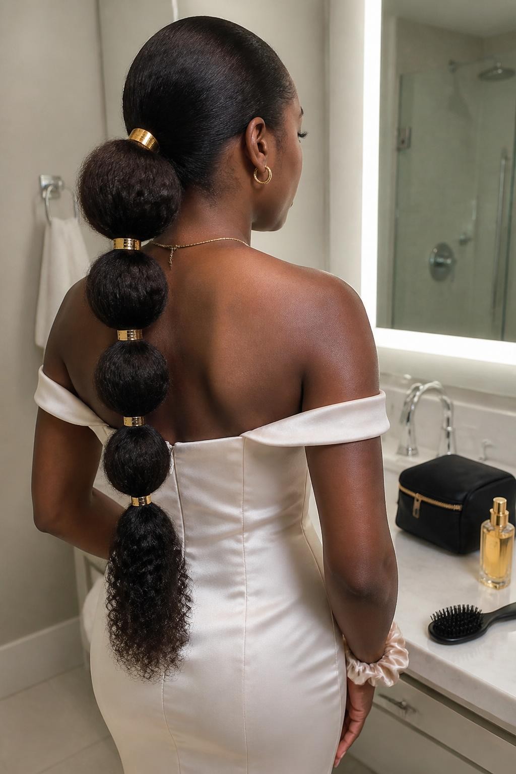 Image prompt: Photo of a Black woman wearing a long textured bubble ponytail with four rounded sections and small gold cuffs, back-of-head view to highlight the details, bathroom vanity mirror with a makeup bag and perfume bottle nearby, soft indoor lighting, containing a hairbrush on the counter and a silk scrunchie around her wrist, realistic wedding guest preparation, latest iPhone photo quality.