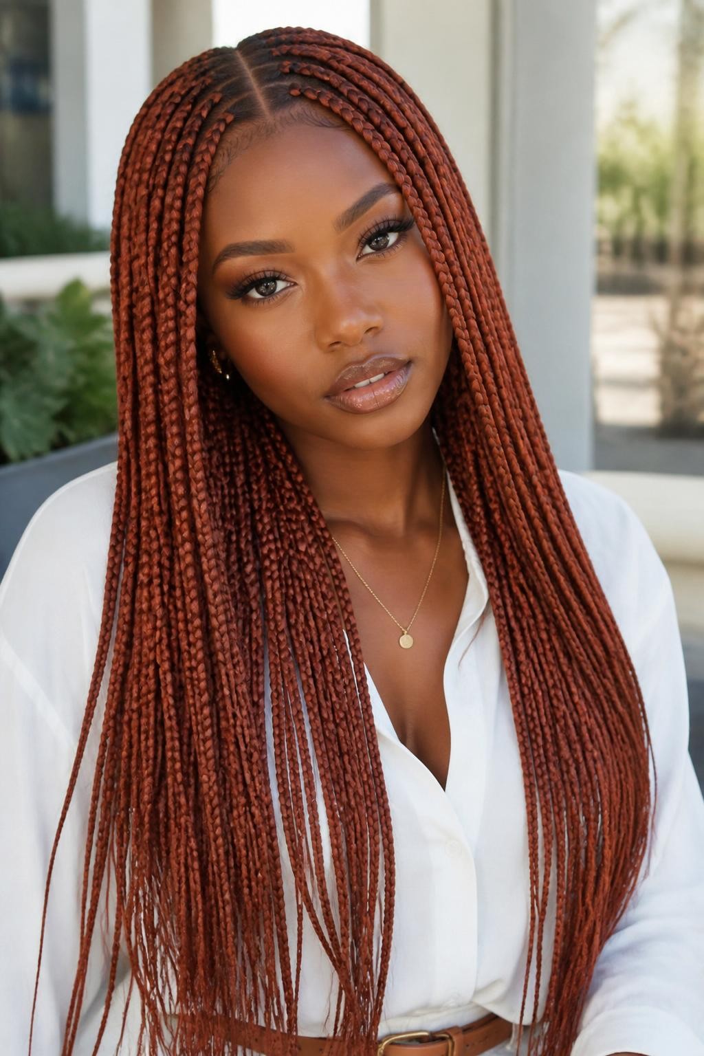 Image Prompt: A gorgeous woman with extra-long red copper knotless braids, lightweight natural-looking roots, clean scalp parts, smooth braids flowing over the shoulders, warm red copper braid color, rich brown skin, soft glam makeup, glossy nude lips, delicate gold jewelry, white blouse, bright natural daylight, clean airy outdoor background, realistic beauty editorial photo, detailed braid texture, polished finish, no text, (no watermarks on images)